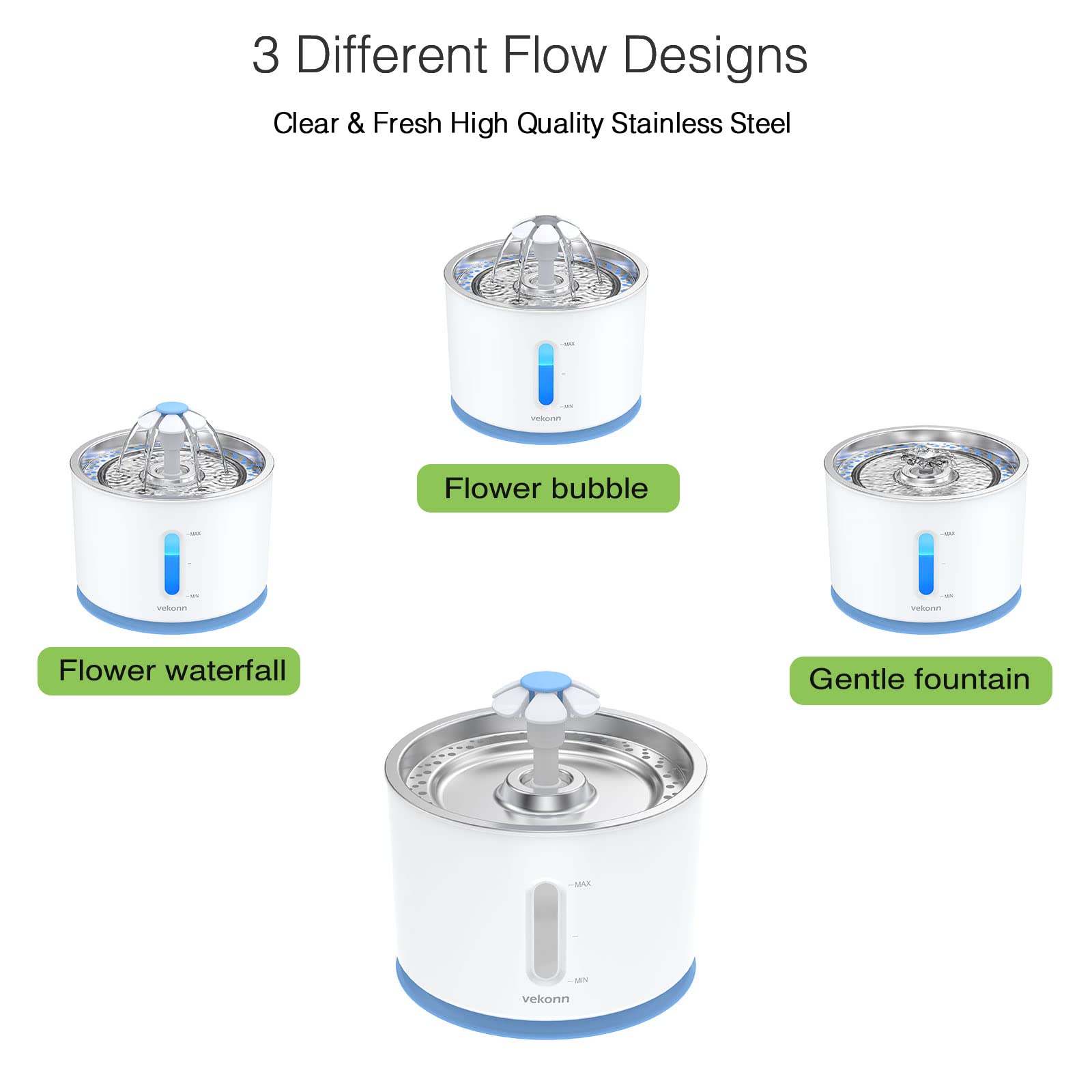 Vekonn 2.4L/81oz Cat Water Fountain Stainless Steel Top, Pet Water Fountain for Small Dog and Cat with LED Light and Water Level