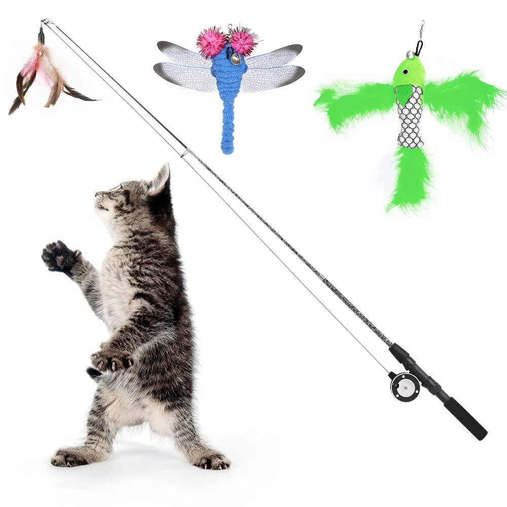 Pawaboo Cat Feather Toys, 4 Pack Interactive Cat Feather Teaser Wand Toys, Retractable Fishing Pole Wand Catcher Exerciser With Refill Fish, Dragonfly Worm With Bells, Fun Cat Kitten Kitty Playing Toy