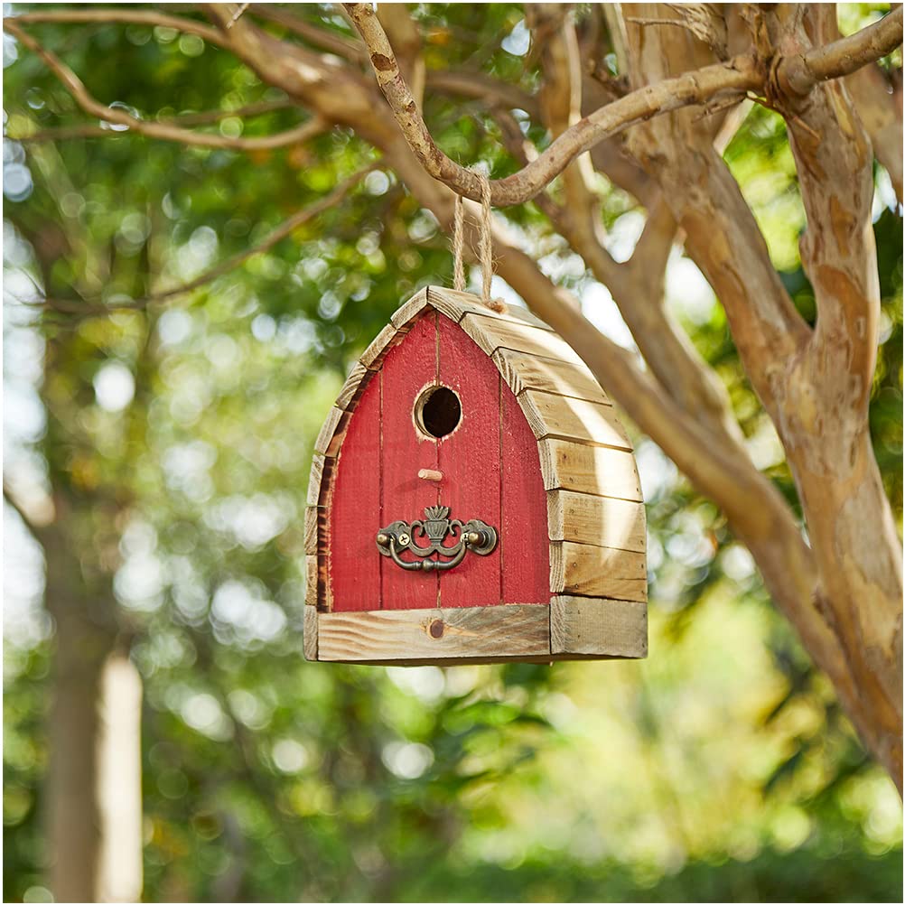 Glitzhome 8.5  H Washed Red Distressed Solid Wood Birdhouse Garden Hanging Bird House for Outdoors