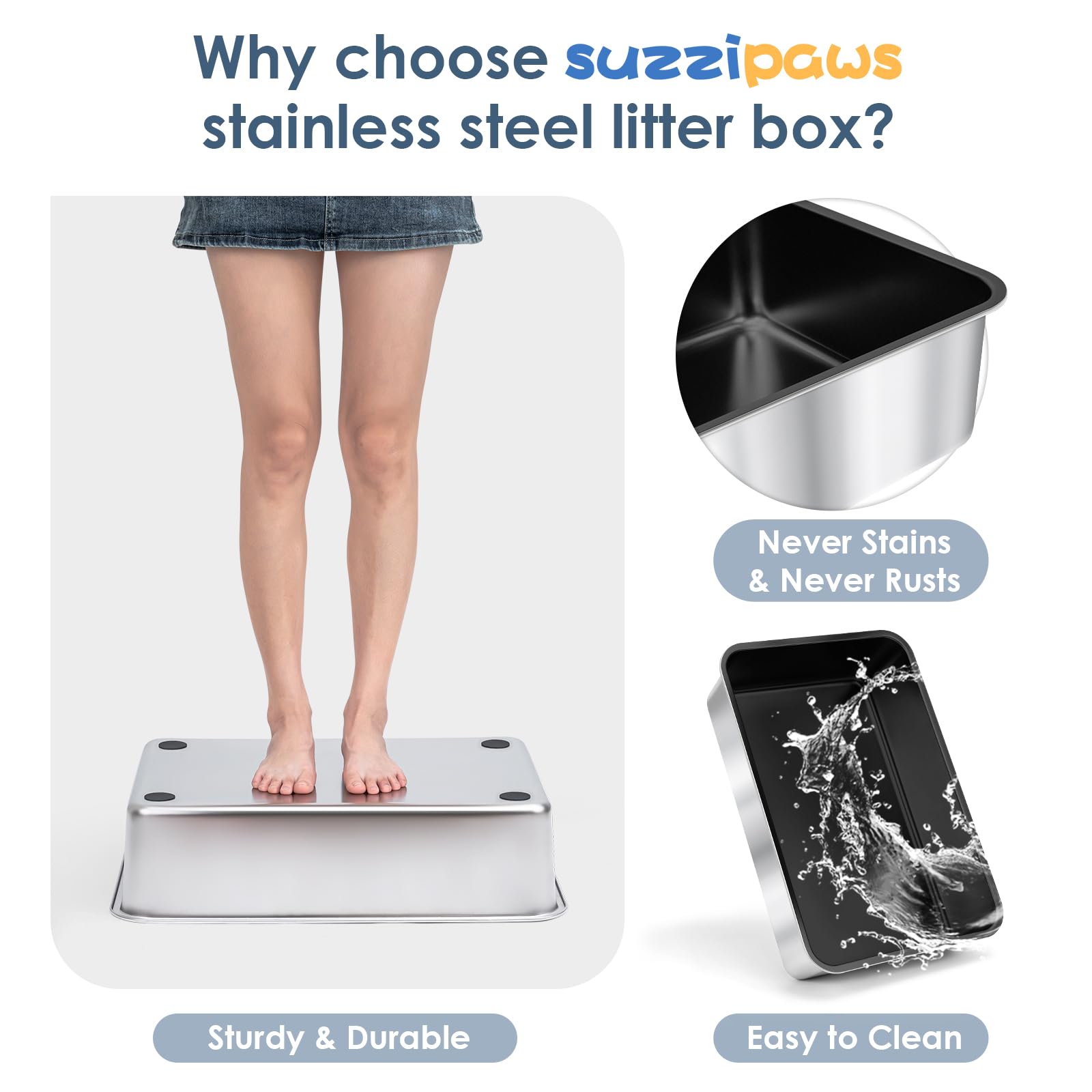 Suzzipaws Non-Sticky Coated Stainless Steel Cat Litter Box With Lid Extra Large Litter Box For Big Cats Xl Metal Litter Pan Tray With High Wall Sides Enclosure, Anti-Leakage, Easy Cleaning