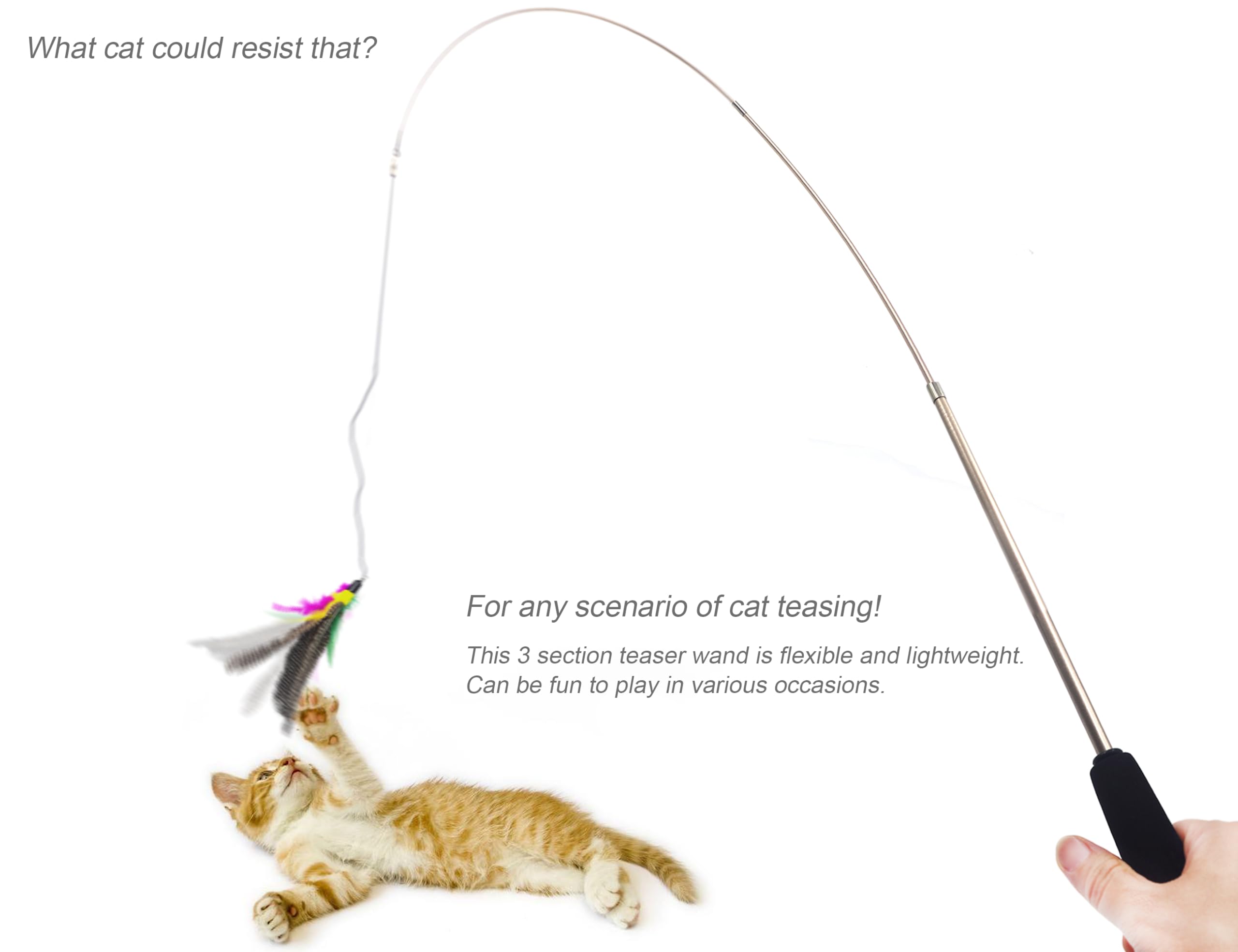 Yoogao Pet Cat Toys Wand Retractable Interactive Feather Teaser Cat Toy With Bell, 5Pcs Refills