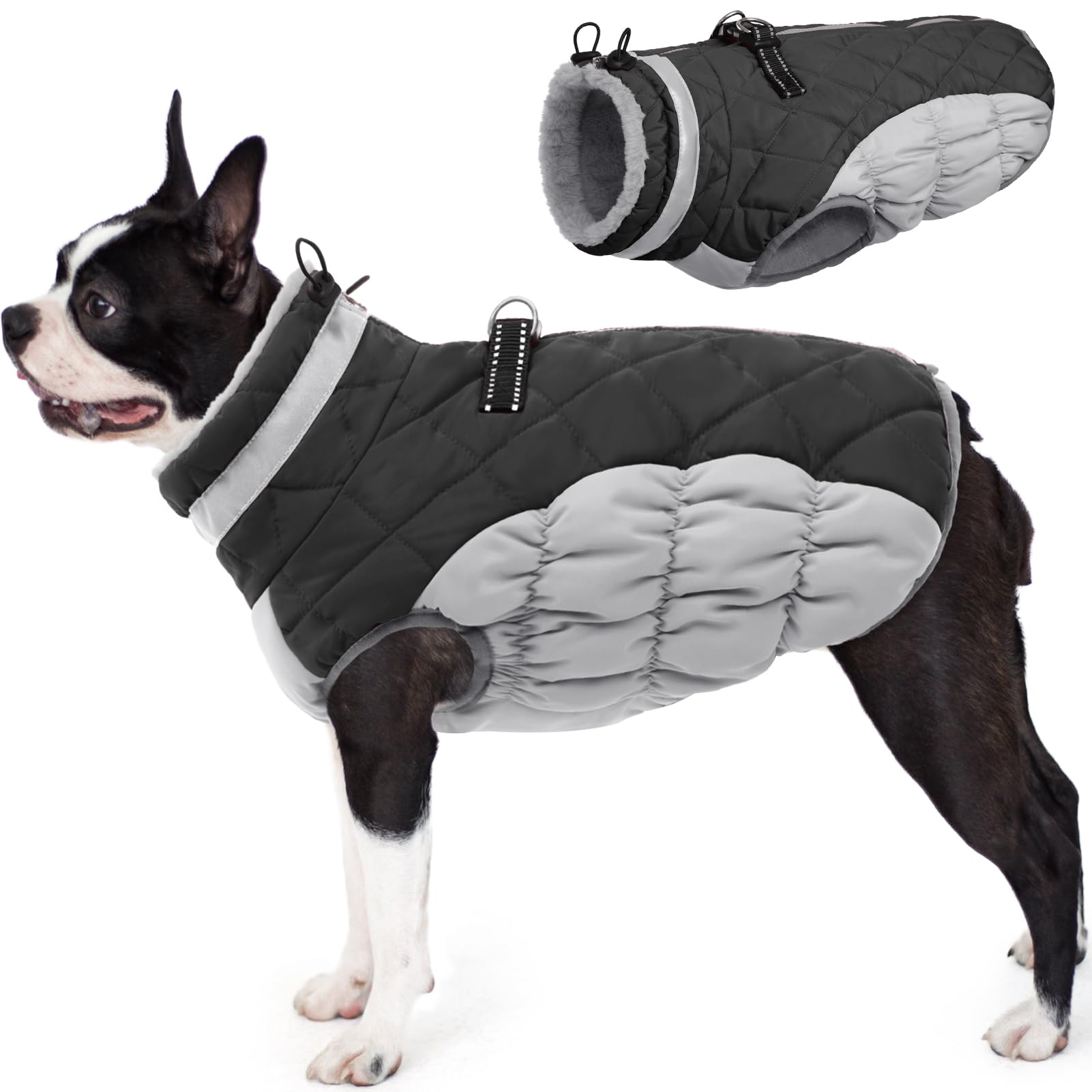 Aofitee Winter Dog Coat Warm Fleece Dog Jacket For Cold Weather, Reflective Zip Up Puppy Dog Padded Vest With Leash Rings, Outdoor Pet Sweater Snowsuit Apparel For Small Medium Large Dogs, Grey S