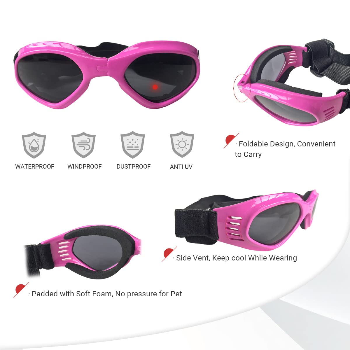 Namsan Dog Sunglasses Medium Breed Uv Protection Dog Goggles For Small To Medium Dogs Windproof Anti-Fog Snowproof Puppy Glasses, Easy Wear/Adjustable (Pink)