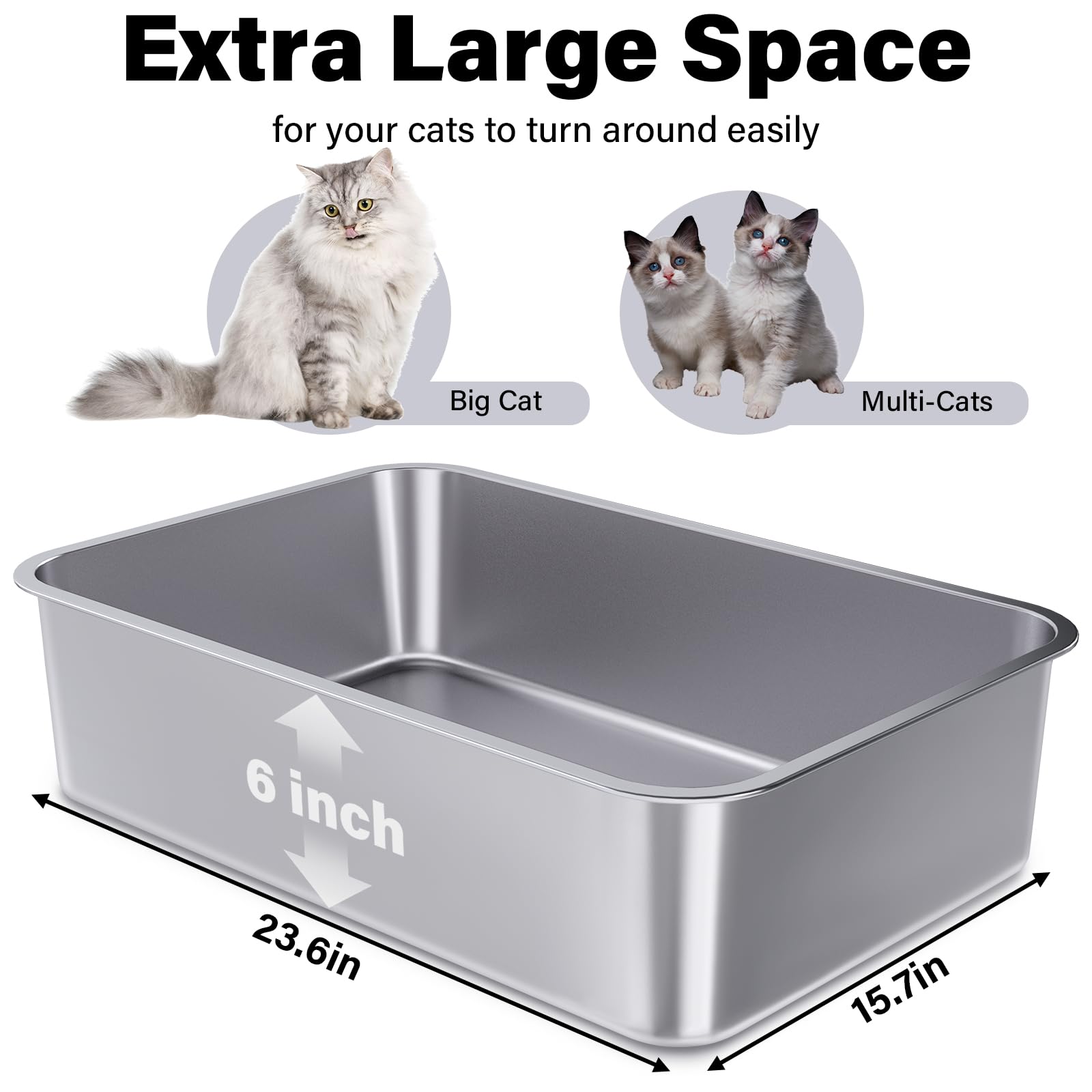 Holintan Stainless Steel Litter Box 3 Pack, 23.6'' X 15.7'' X 6'' Extra Large Cat Litterbox No Smell, Xl Metal Litter Box For Bi