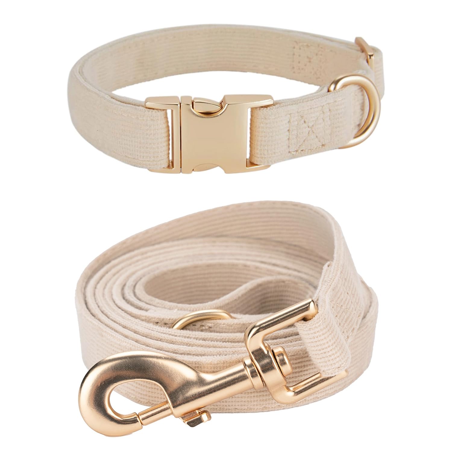 Ewinoom Soft Corduroy Dog Collar and Leash Set, Adjustable Cotton Dog Collars with Metal Buckle and Lead for Medium Dogs,Beige