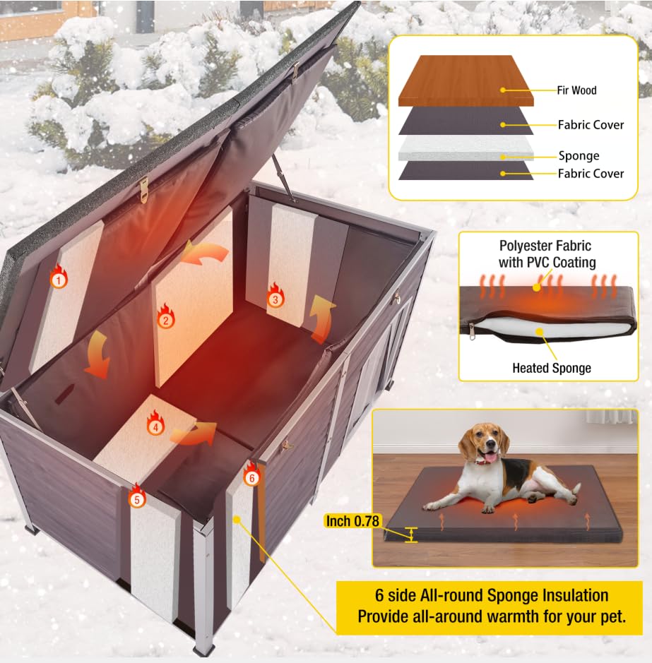 Aivituvin Large Dog House With Insulated Liner For Outdoor, Waterproof Outsides Heated Dog Kennel For Small Medium Large Dog Wit
