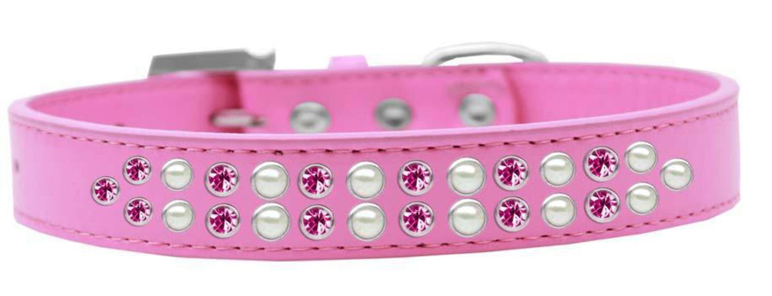 Mirage Pet Products Two Row Pearl and Pink Crystal Ice Cream Dog Collar, Size 16, Black