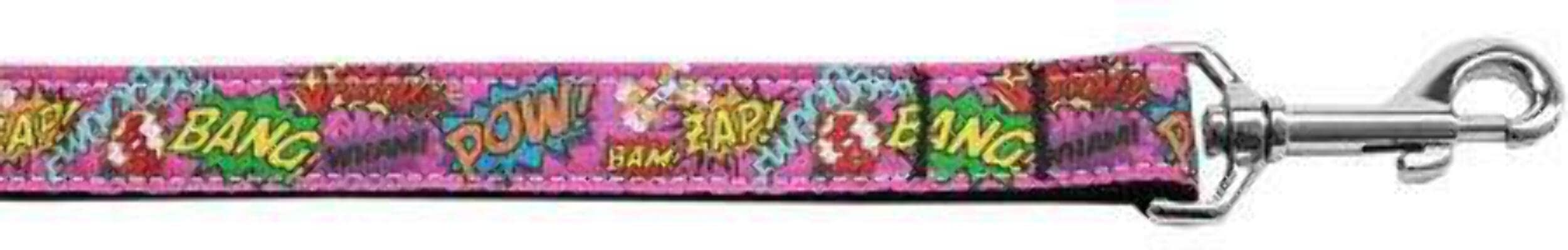 Pet Dog & Cat Nylon Collar or Leash, "Superhero Sound Effects Pink" 3/8" w x 6 ft. leash