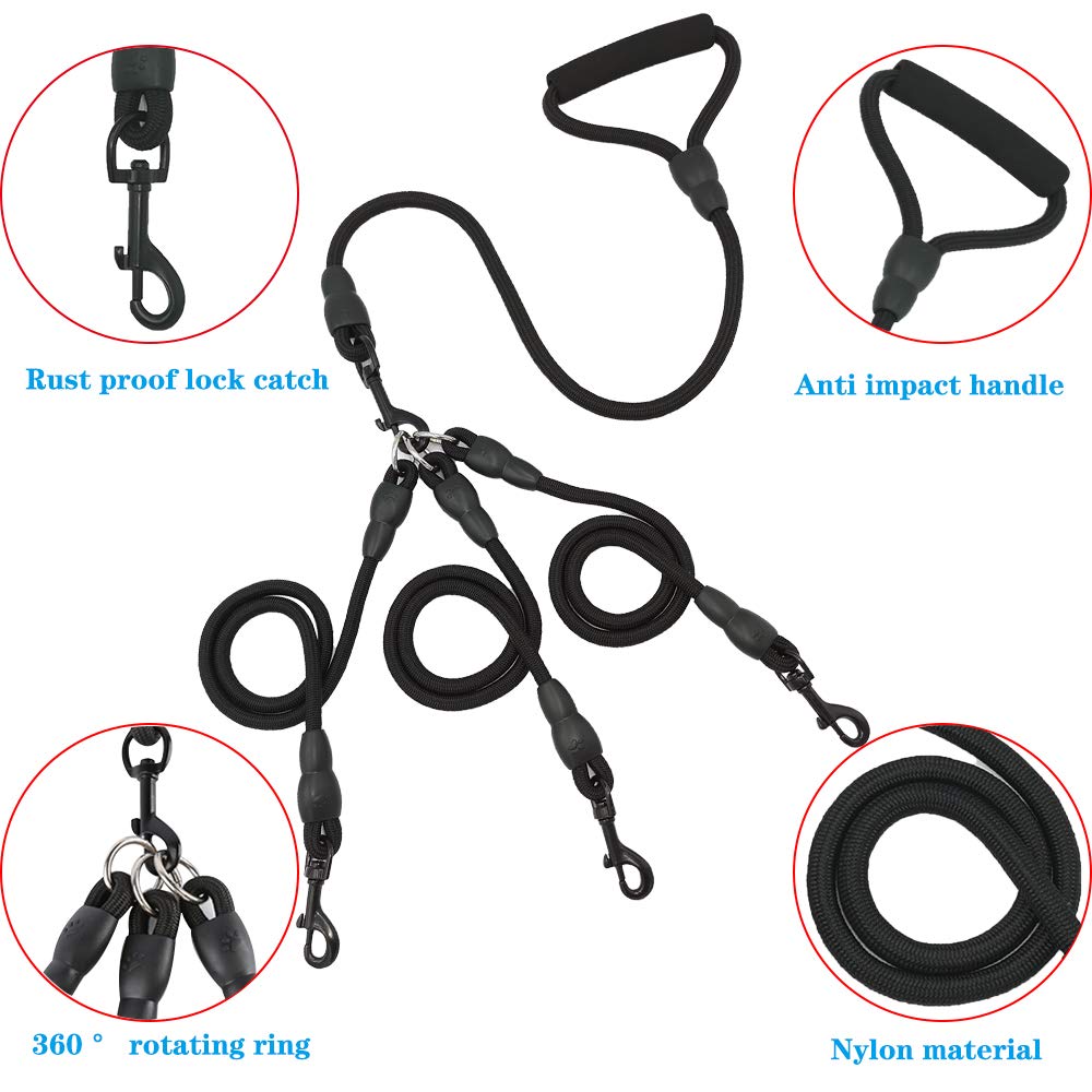 Heavy Duty 3 Dog Leash,3 Way Dog Leash No Tangle,Detachable 360° Swivel Device,Multiple Dog Leash With Padded Handle,For Walking And Training Two/Three Dog Leash(Black, L/30-130 Ibs)