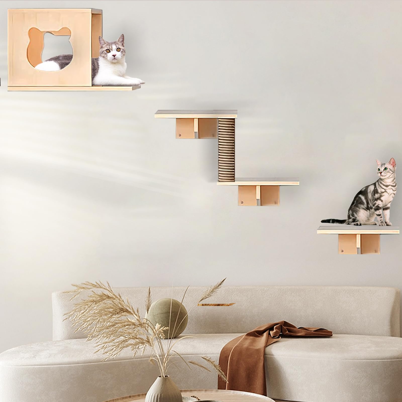 Cat Wall Shelves, Cat Wall Furniture, Cat Shelves And Perches For Wall, Cat Wall Steps Set With 1 Cat Condos House, 3 Cat Perche