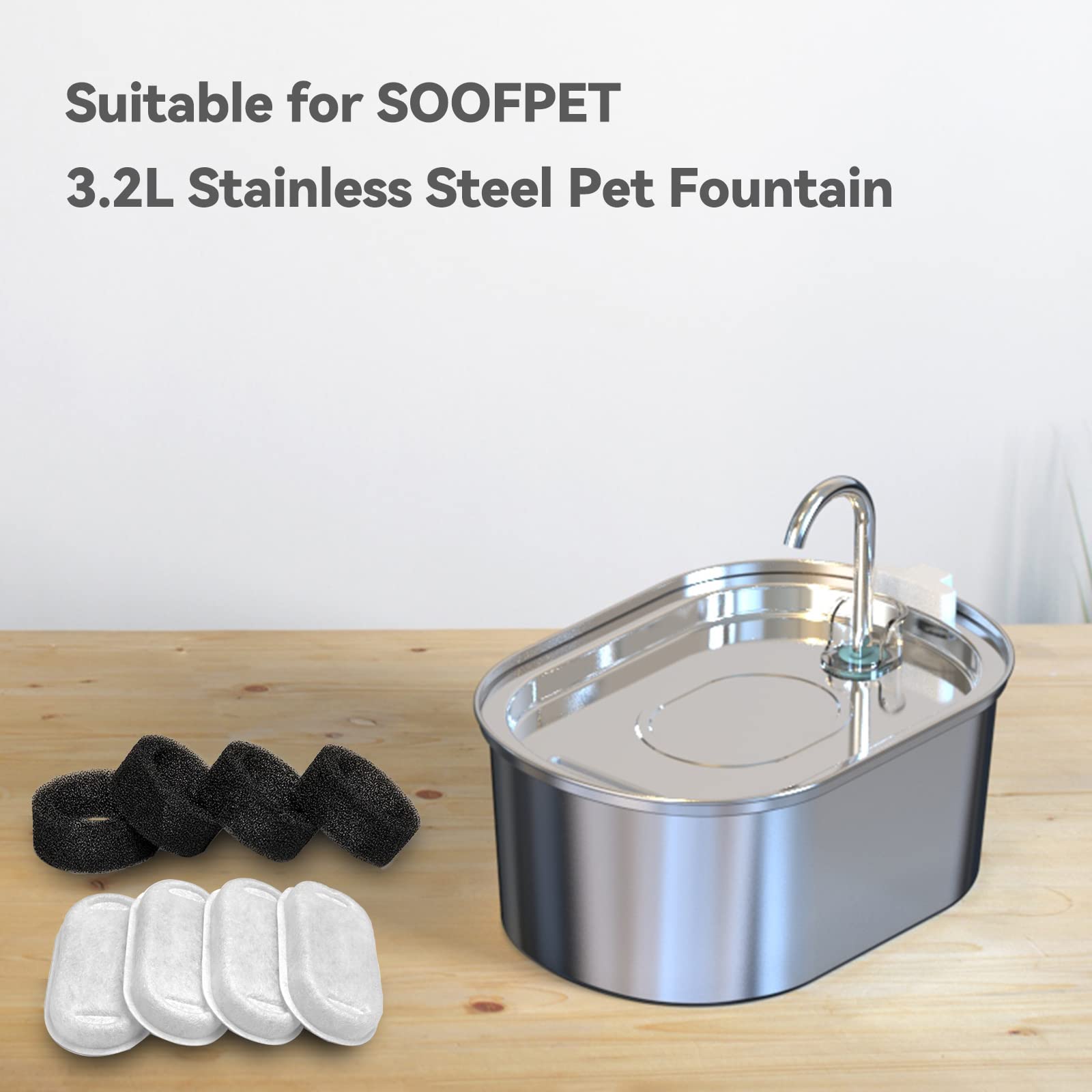 SOOFPET Cat Water Fountain Filters - 8-Pack (4 Carbon  4 Foam) Replacement Filters for 108oz/3.2L Stainless Steel Fountain