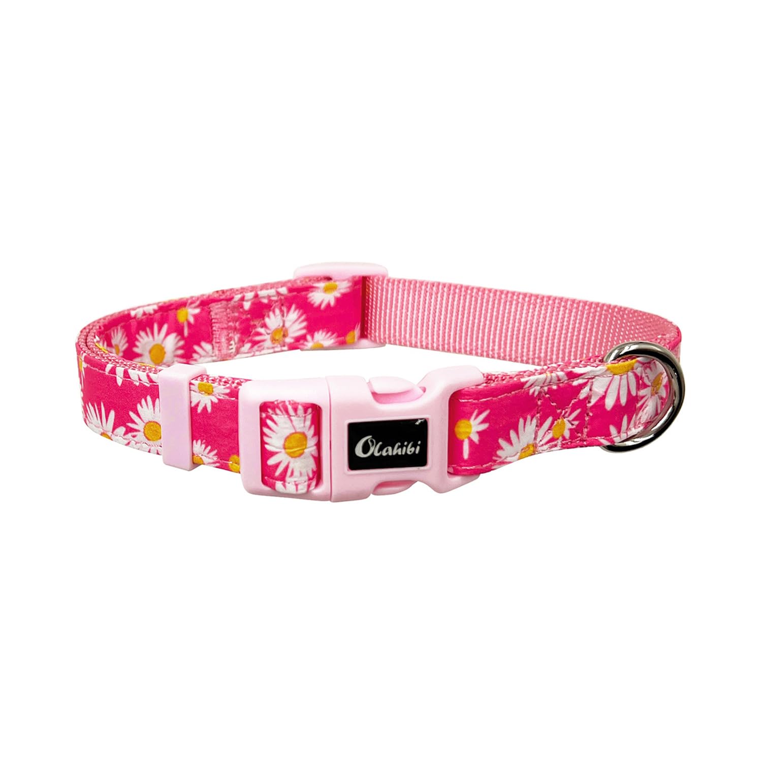 Olahibi Dog Collar, Floral Pattern, Nylon Webbing Plus Cotton Ribbon, For Large Dogs.(L, Pink Daisy)