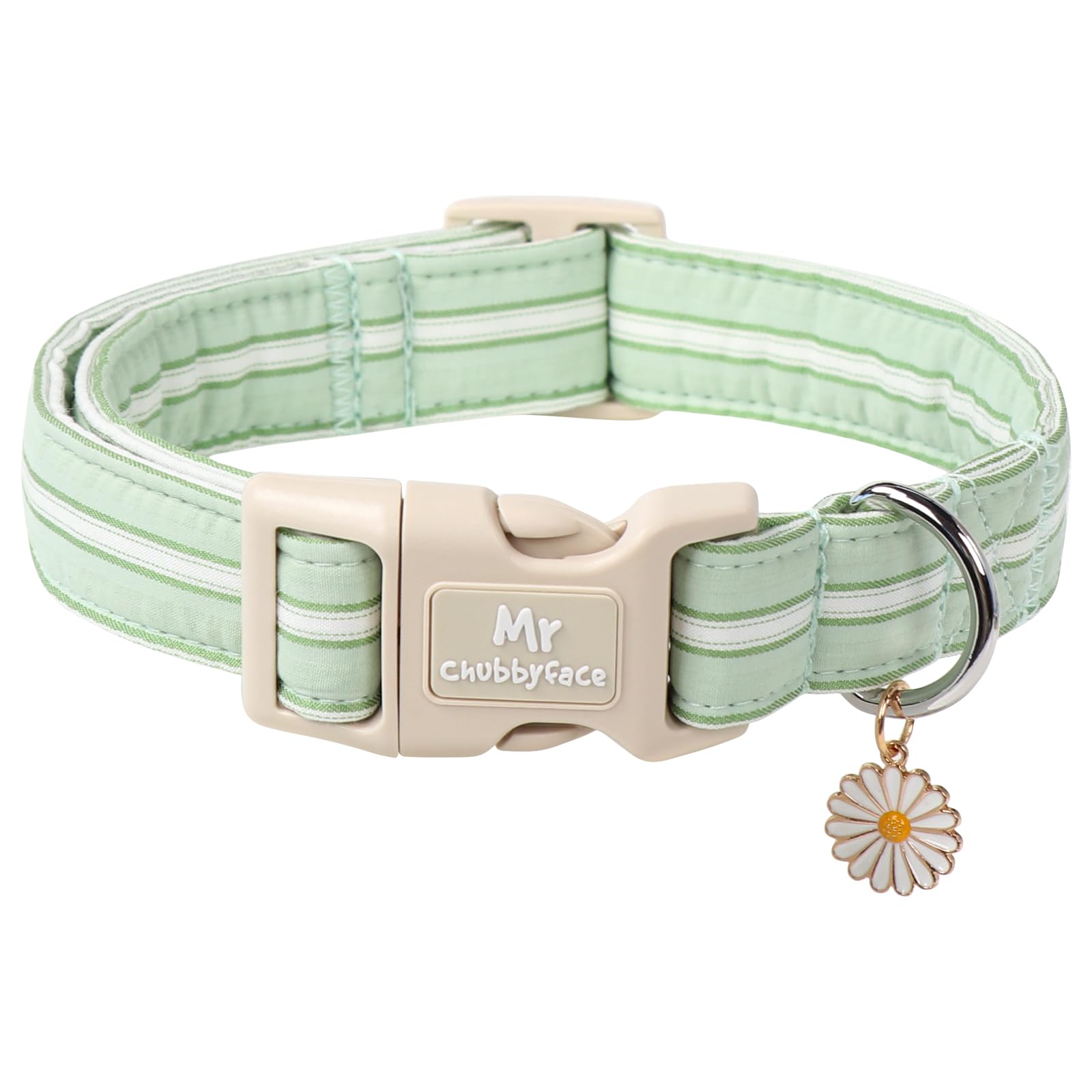 Mr.Chubbyface Cotton Dog Collar, Cute Green Summer Puppy Collar With Plastic Buckle, Adjustable Soft Natural Fabric Pet Collar F