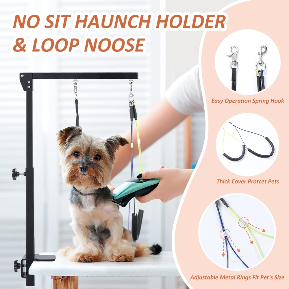 HIDOG Dog Grooming Arm with Clamp, Adjustable Dog Grooming Table Arm with Two No Sit Haunch Holder & Hammock Harness, Foldable P