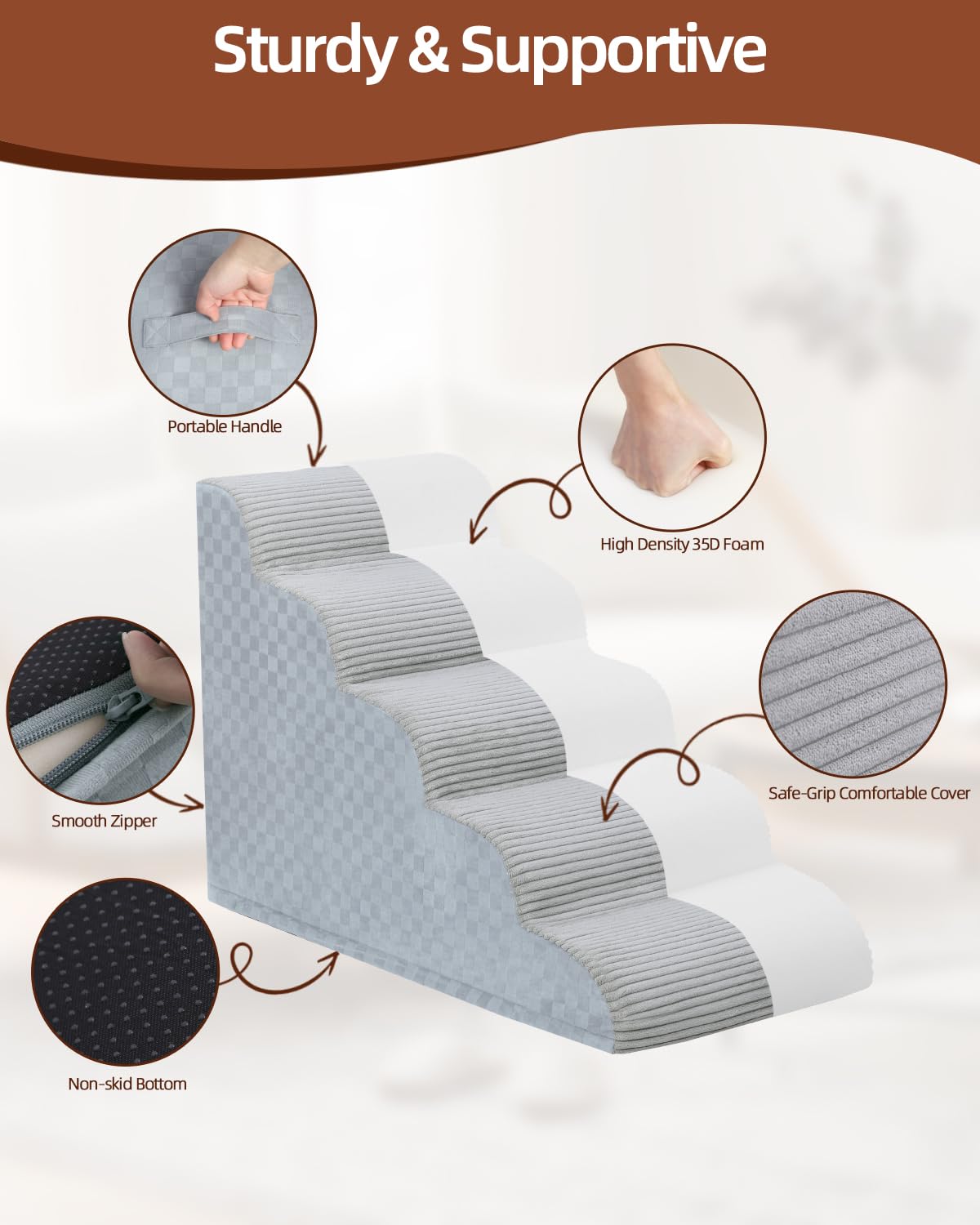 Dog Stairs Ramp for Couch 15.7 H, 3-Step Pet Stairs for Small Dogs with High Density Foam, Dog Slope Stairs with Durable Non-Sli