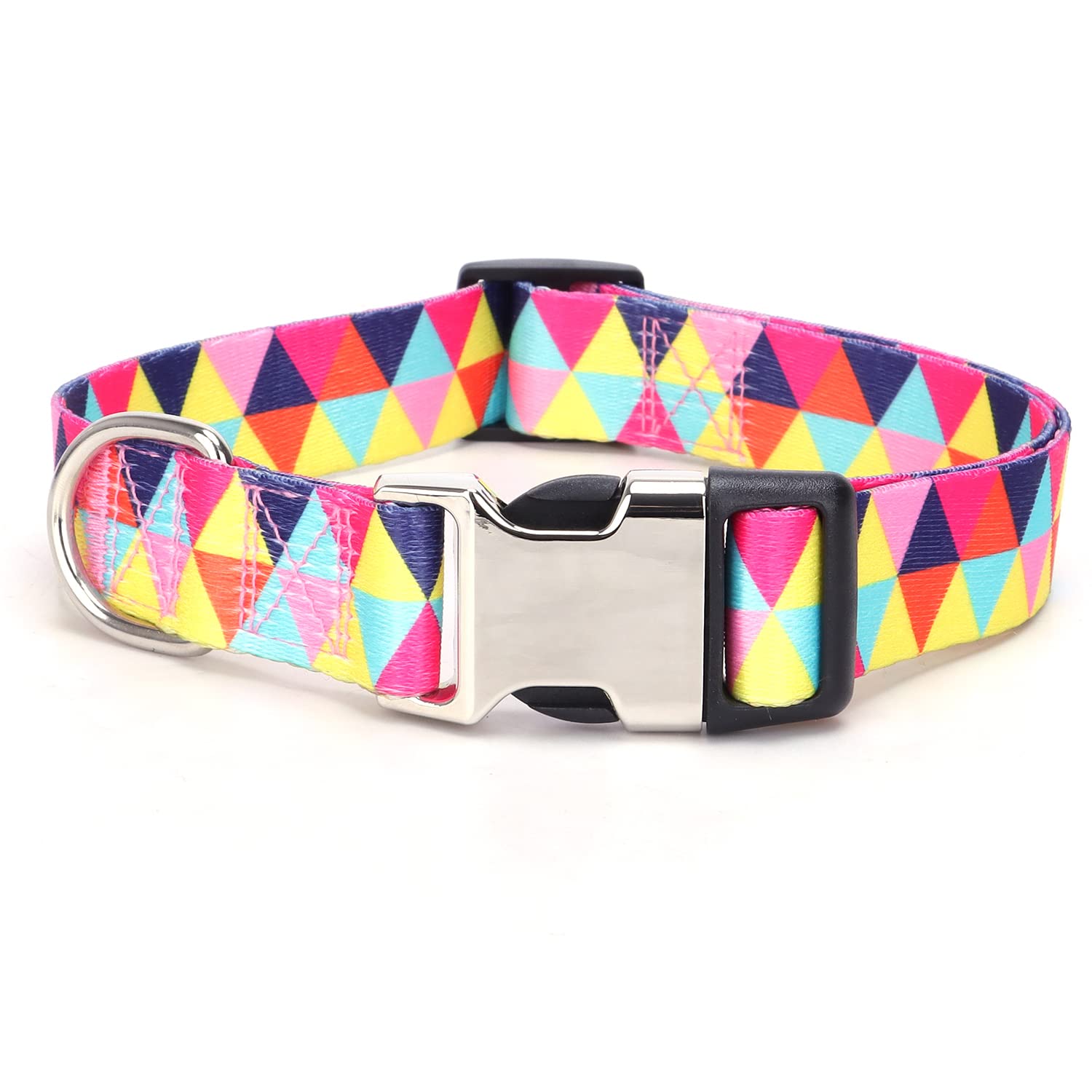 Female Dog Collars For Medium Dogs, Pretty Colorful Geometric Triangles Pattern Print Dog Collar Metal Durable Buckle Girl Puppy