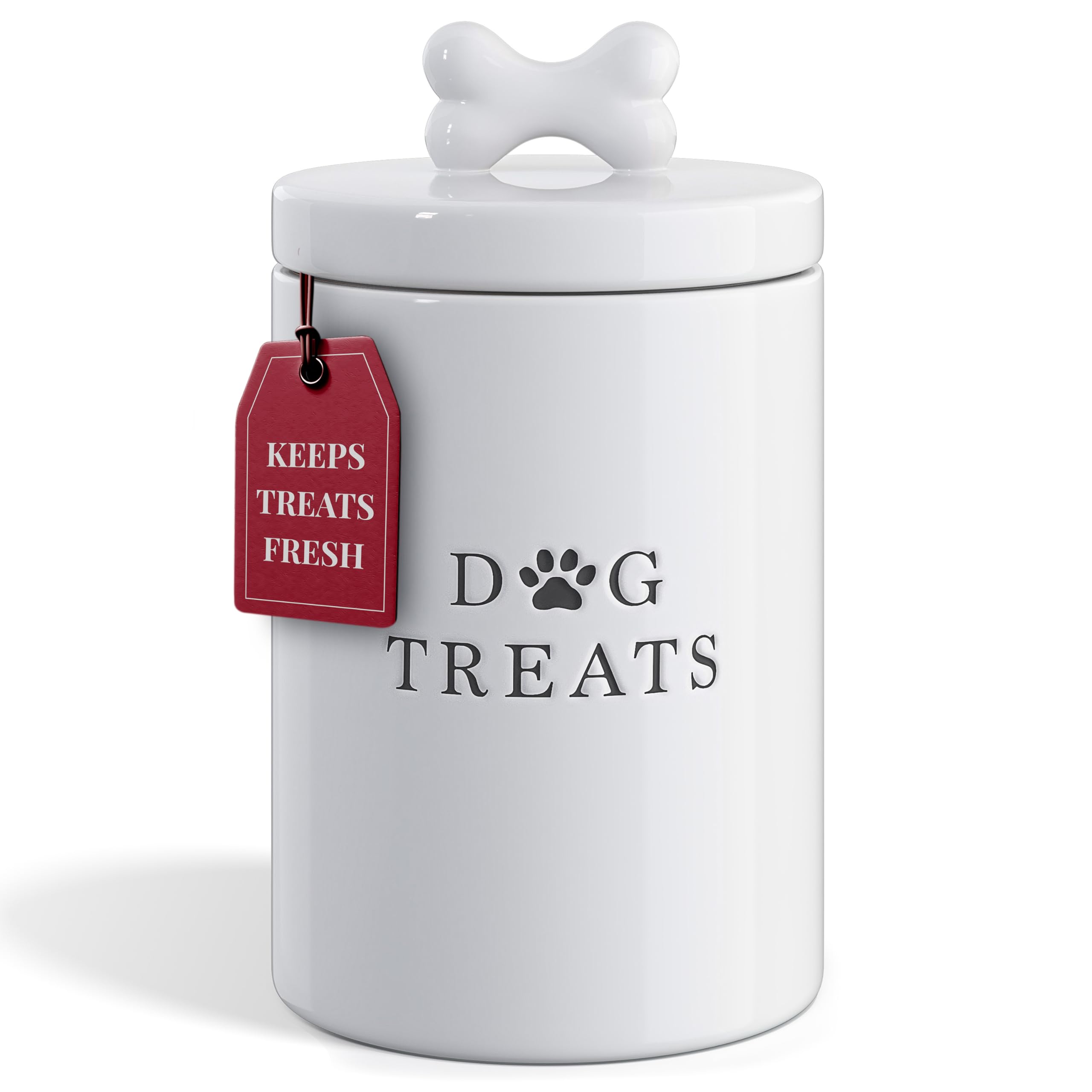 Barnyard Designs Large Dog Treat Container Airtight with Lid, Cute Rustic Ceramic Dog Treat Storage Jar for Kitchen Counter (Whi