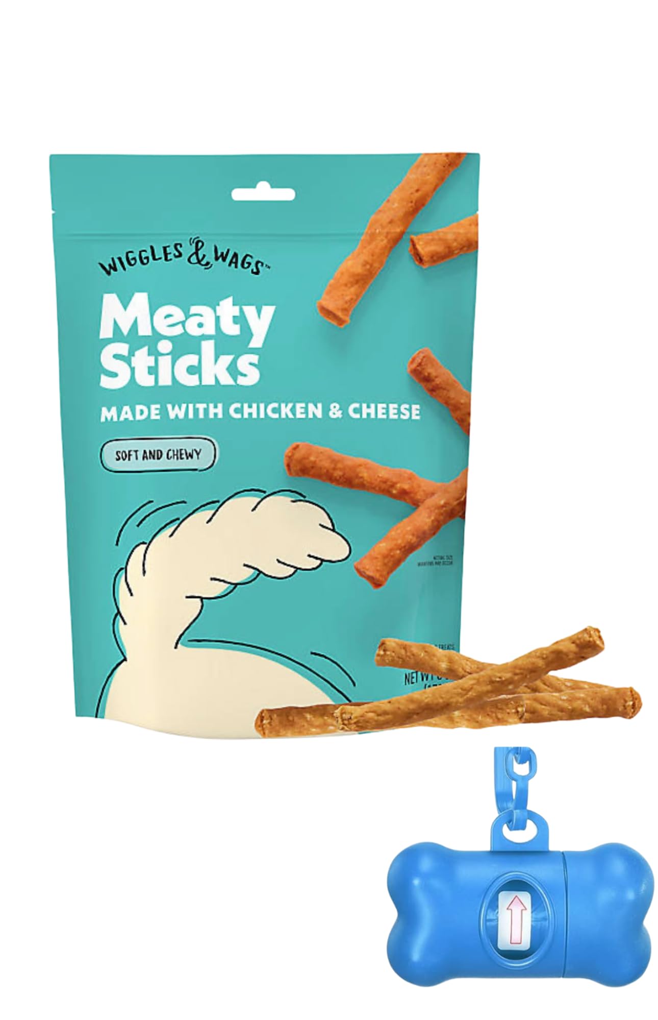 Wiggles & Wags Meaty Sticks Dog Treats, Chicken & Cheese Flavor, 6 oz with DN Essentials Bone Shaped Waste Bag Dispenser & Roll