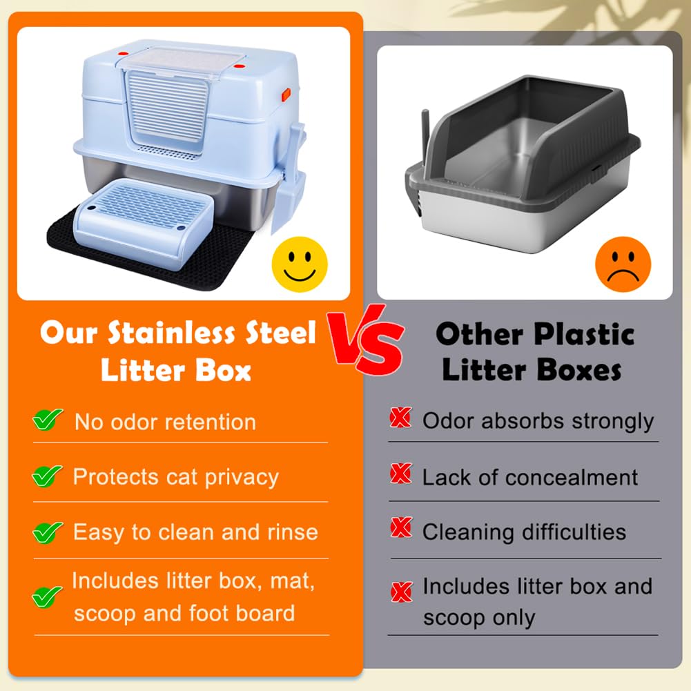 Vivifying Stainless Steel Litter Box With Lid, Xl Side Entry Extra Large Litter Box For Big Cats & Kitty, Removable Enclosed Met