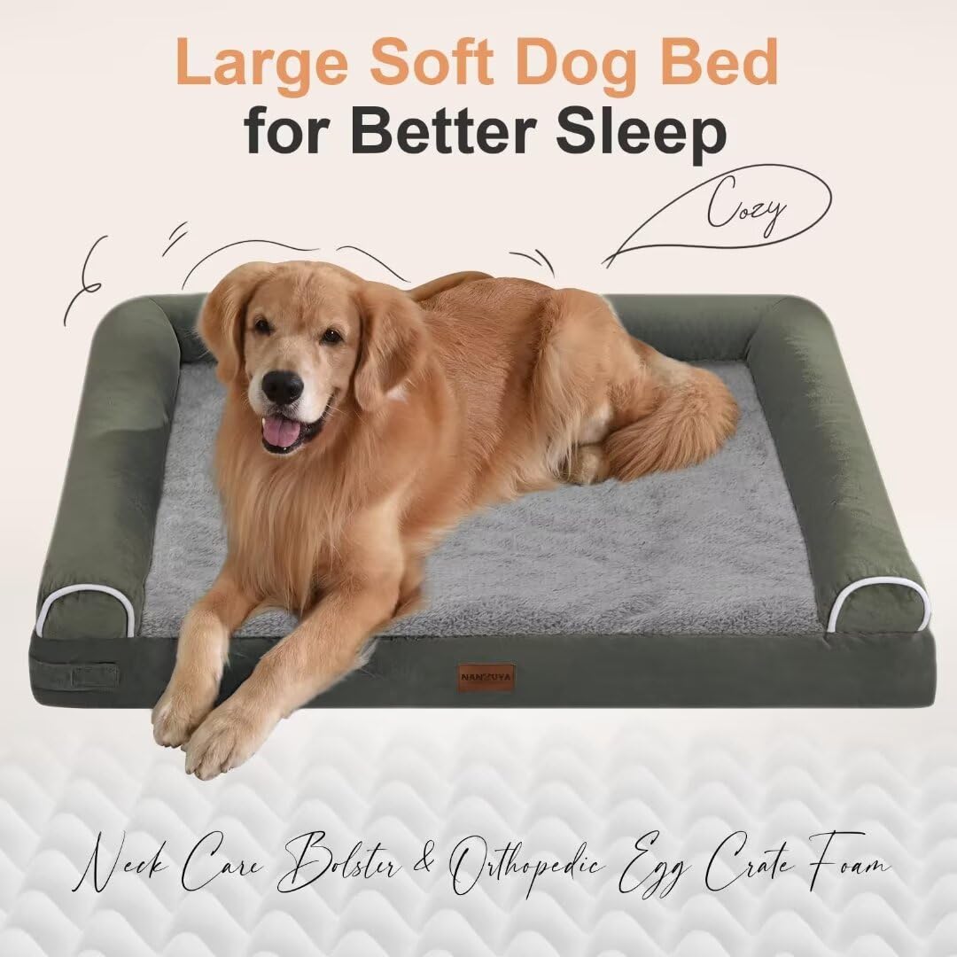 Large Dog Bed Orthopedic Washable: Jumbo Dog Bed Bolster Extra Large Dogs Egg Crate Foam Sofa Couch Waterproof Removable Cover - Dark Green