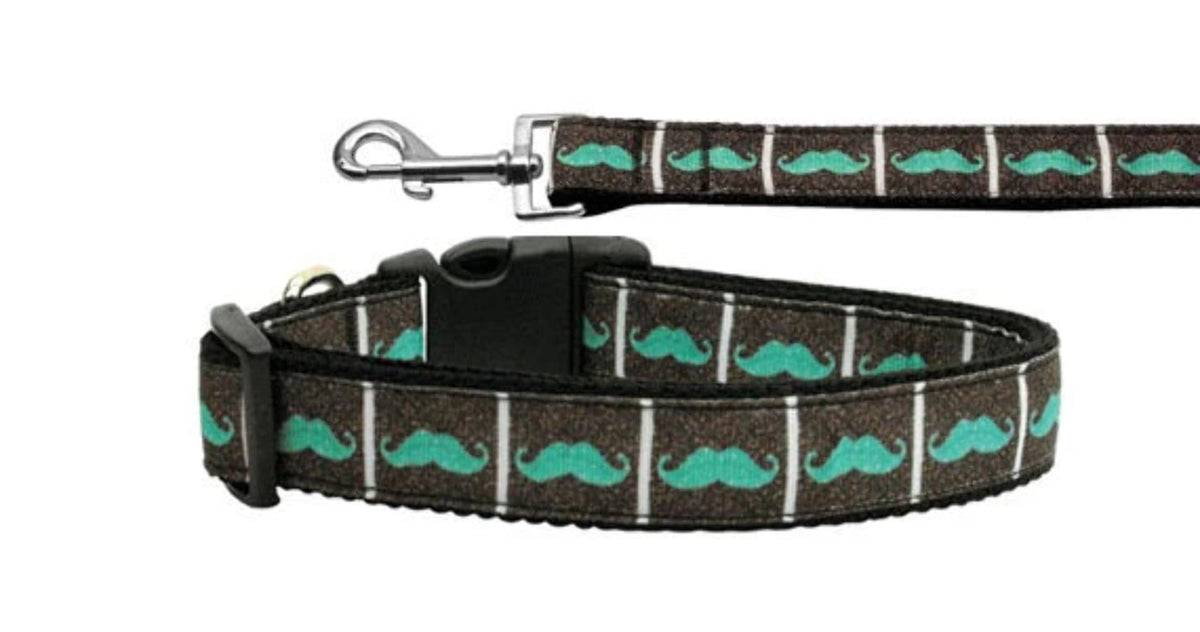 Pet Dog & Cat Nylon Collar or Leash, &quot;Aqua Moustaches&quot; MD Collar