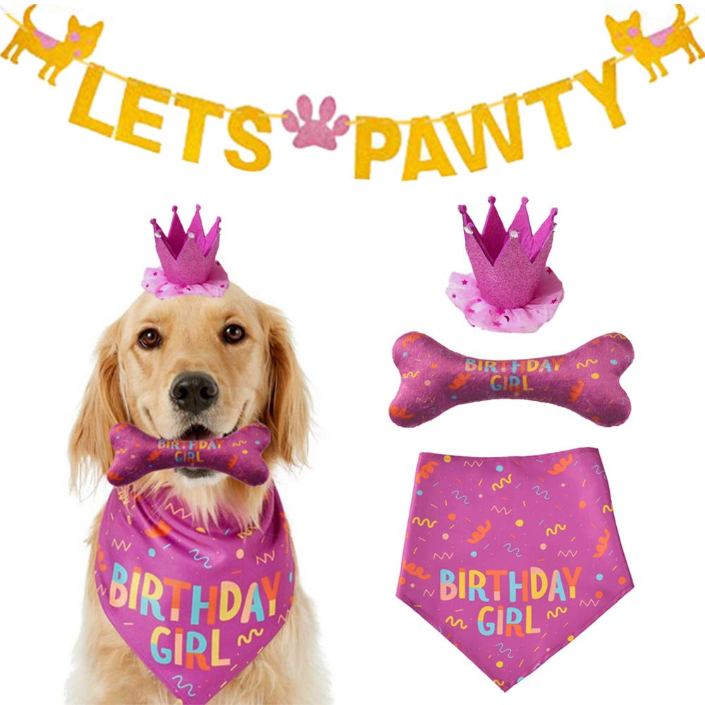 Idolpet Dog Birthday Bandana Large Dog Birthday Hat Happy Birthday Dog Bone Toy Dog Party Set Pet Happy Birthday Party Suppliers Dog Birthday Accessories And Pet Decorations (Pink)