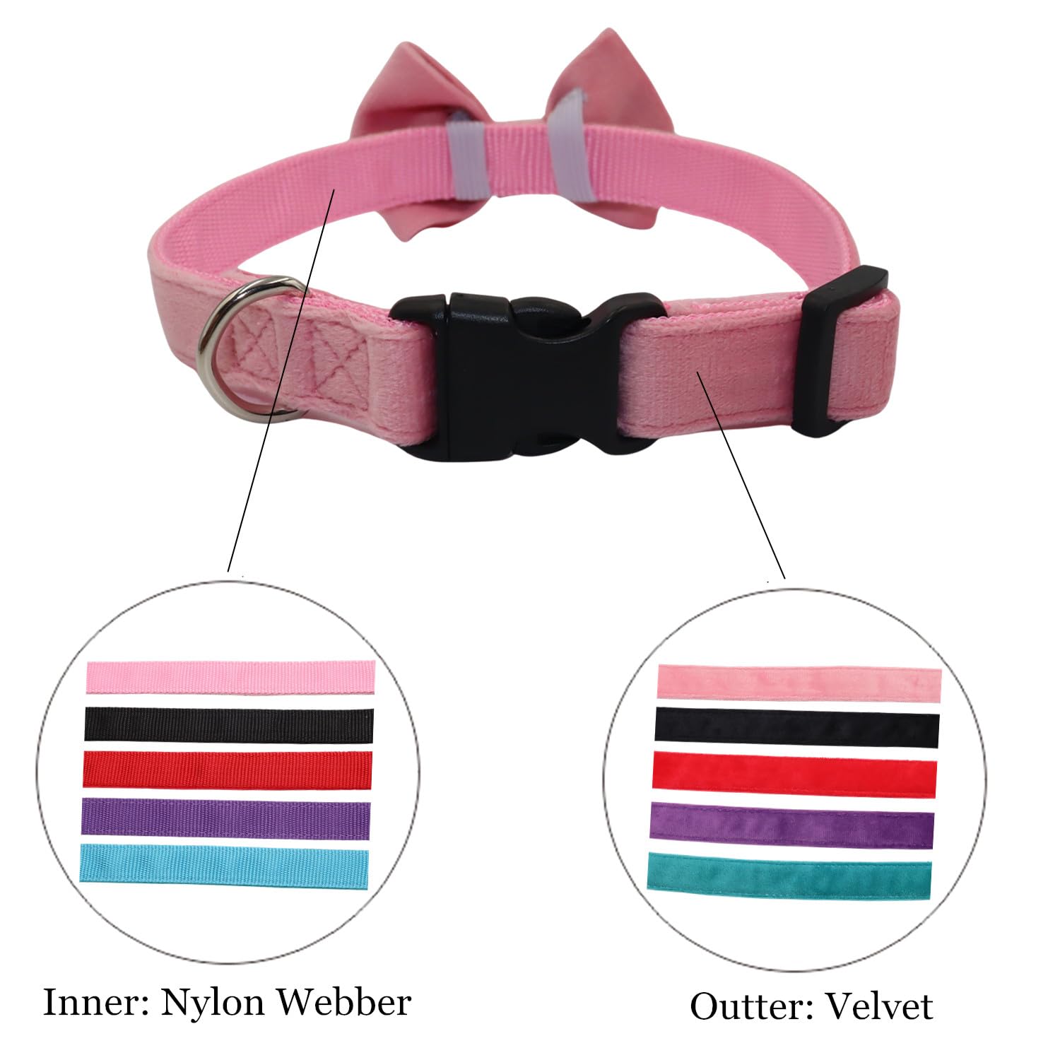 Wdpaws Dog Collar With Bowtie Soft Velvet Material With Quick Release Buckle For Small Dogs (Pink, S)
