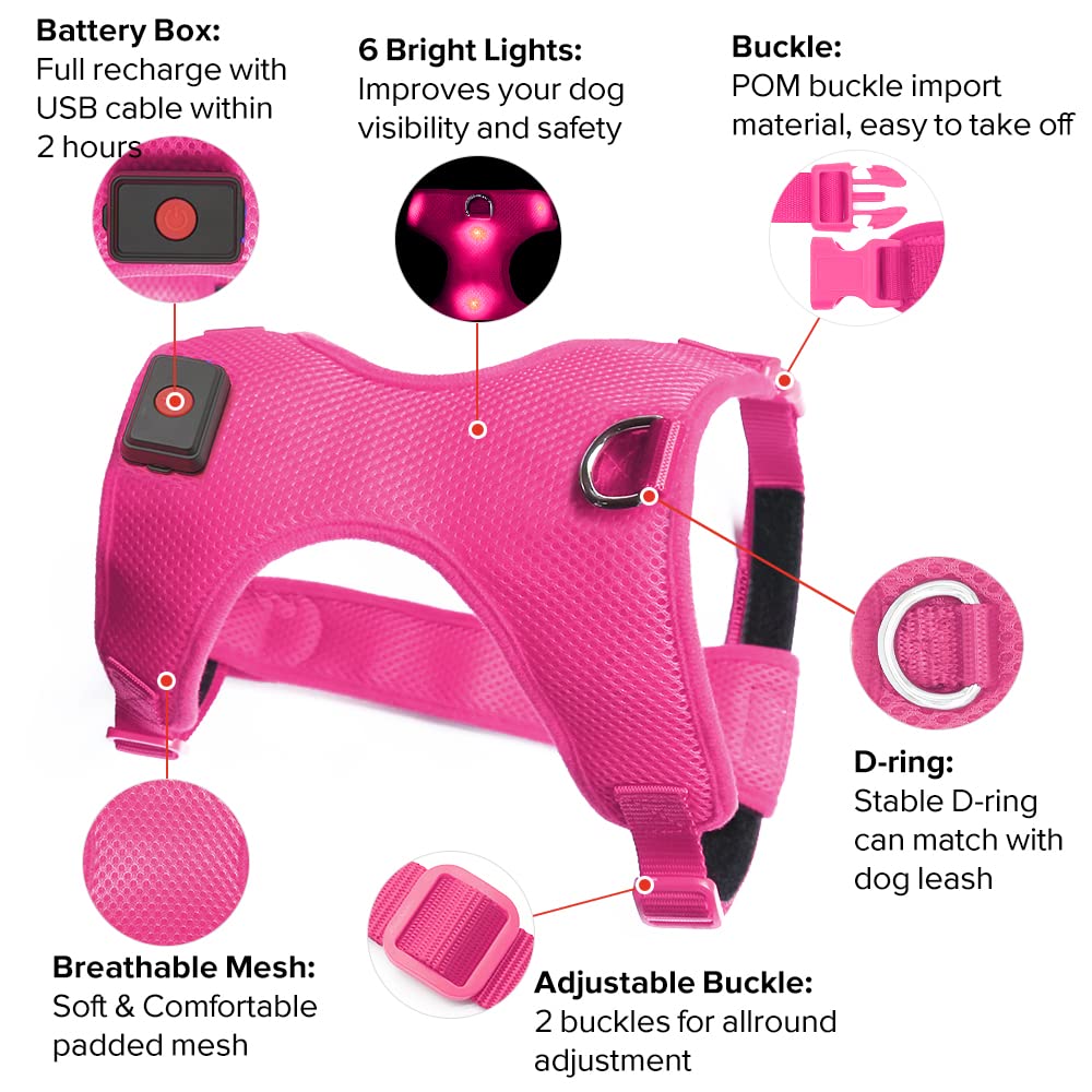 DOMIGLOW Light Up Dog Harness, No-Pull LED Dog Harness Light, Rechargeable Glowing Pet Harness for Night Walking & Camping (Hotp
