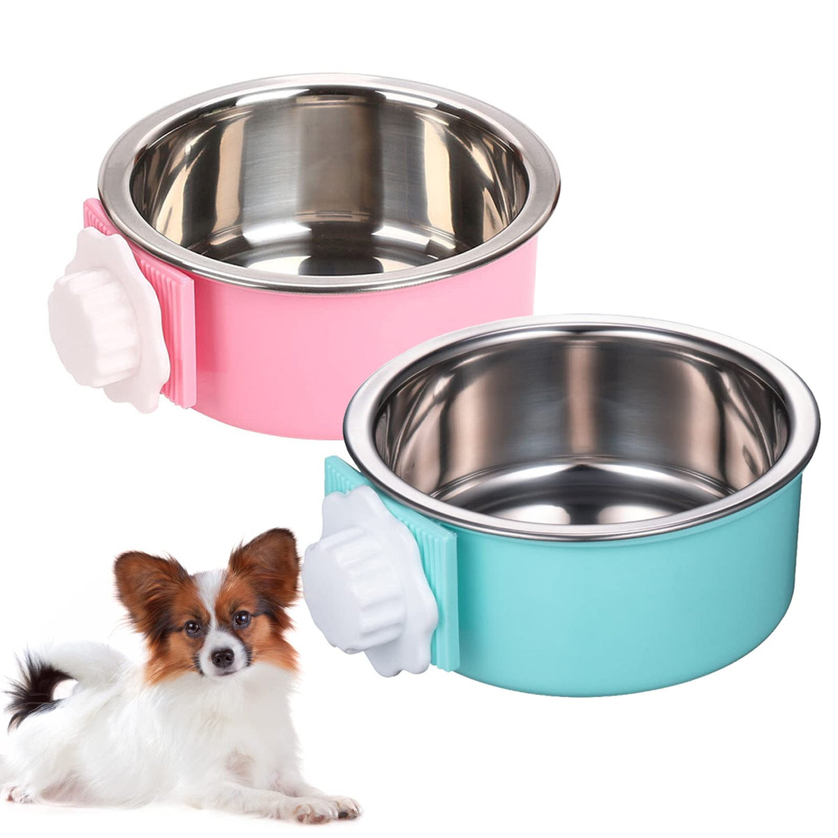 Kathson Crate Dog Bowl, Removable Stainless Steel Hanging Pet Kennel Cage Bowl Food & Water Feeder Coop Cup For Puppy, Cat, Birds, Rabbit,Guinea Pigs 2Pcs (Blue,Green)