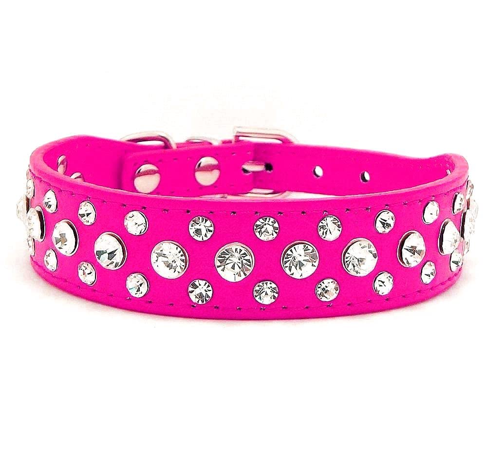 Rhinestone Dog Collar, Bling Rhinestone Pu Leather Crystal Diamond Pet Dog Cat Puppy Collar Black S M L Xl (M, Hot Pink)