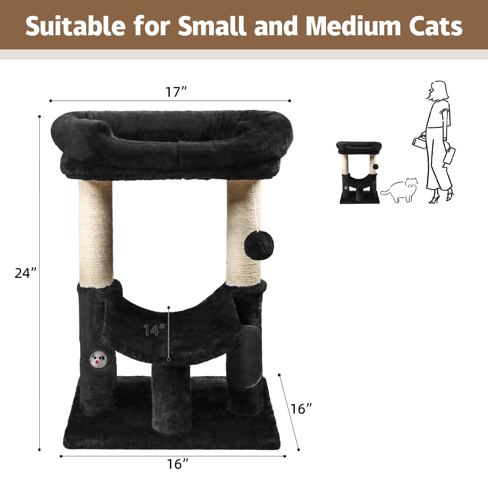 Woochpet Cat Tree Tower, Cat Scratching Post Made With 100% Natural Sisal, Scratching Post For Indoor Cats, Featuring Super Cozy