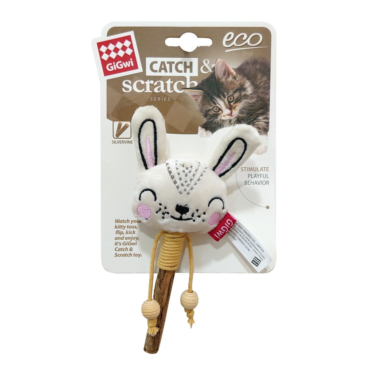 Gigwi EcoLine Rabbit Cat Toy, EcoFriendly Toy With Silvervine, Wooden Stick & Cotton Rope For Chewing, Safe, NonToxic, Encour