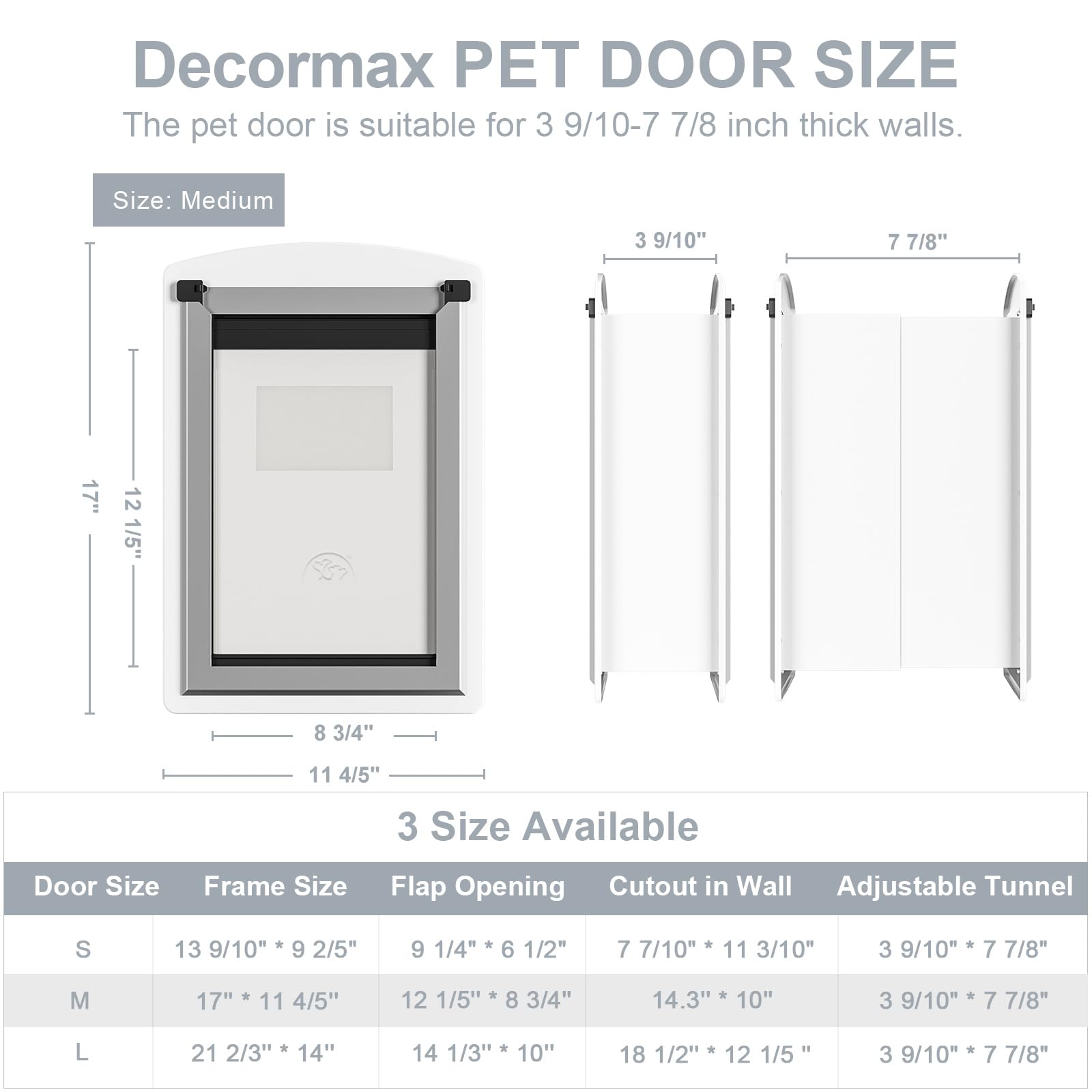 DECORMAX Steel Dog Door for Wall, Energy Efficient Pet Door, Telescoping Tunnel and Steel Frame, Double Magnetic Flaps and Two S