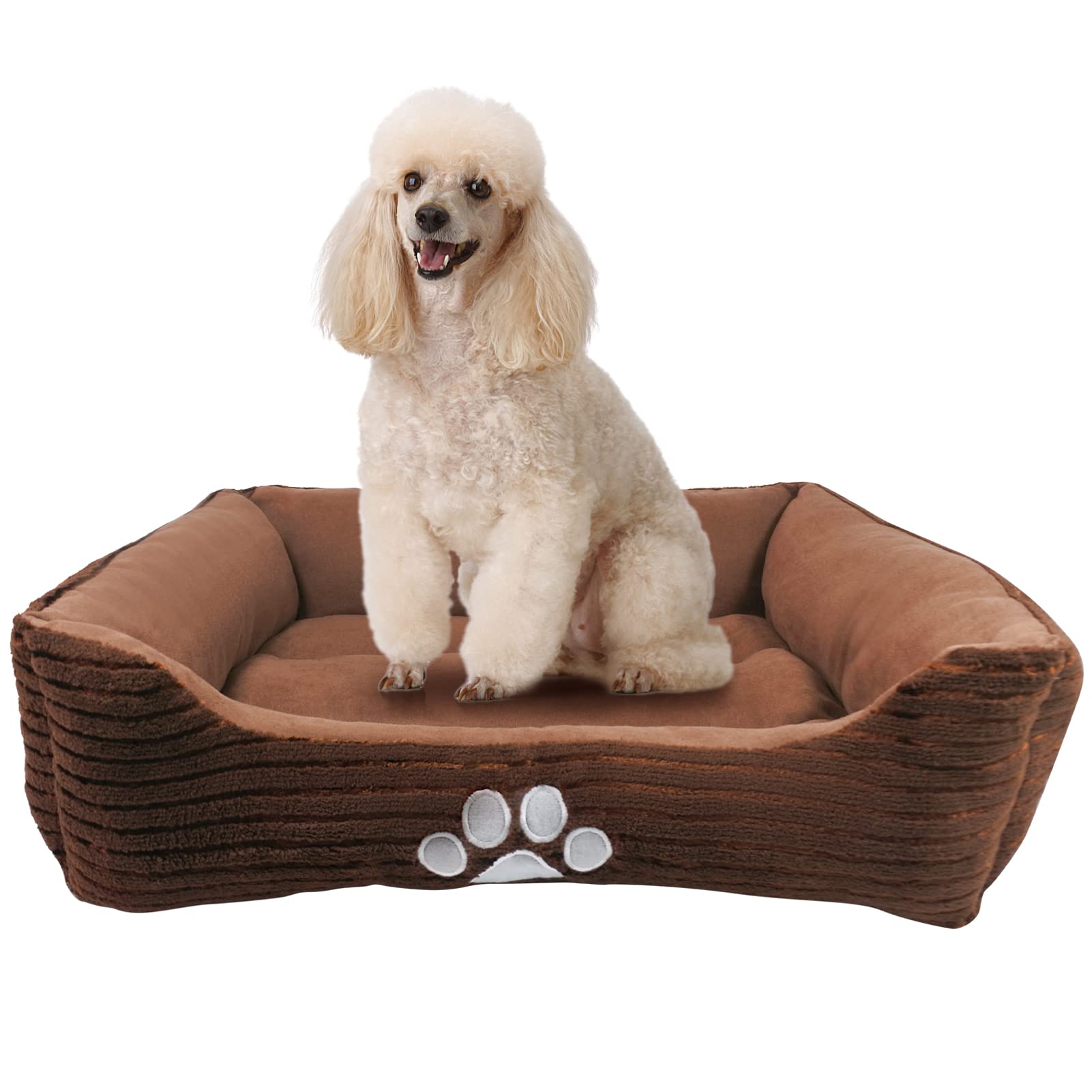 Long Rich Hct Rec-005 Reversible Rectangle Pet Bed With Dog Paw Printing, Coffee, By Happycare Textiles, 25 By 21 Inches
