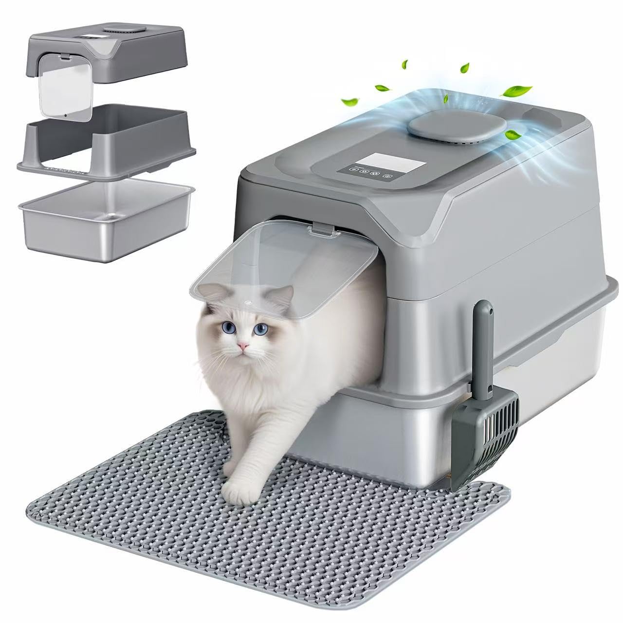 Stainless Steel Litter Box With Odor Removal Smart,Large Cat Litter Box With Lid 23.7''*16.1''*16.8'' Covered Metal Litter Tray 