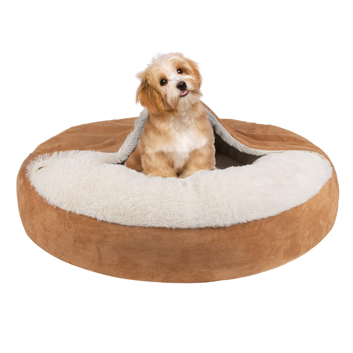 Micooyo Covered Dog Bed Medium, Donut Camling Dog Beds For Medium Dogs With Hooded Blankets, Round Cuddler Pet Beds For Puppy Cats Washable (Khaki, 27 Inch)