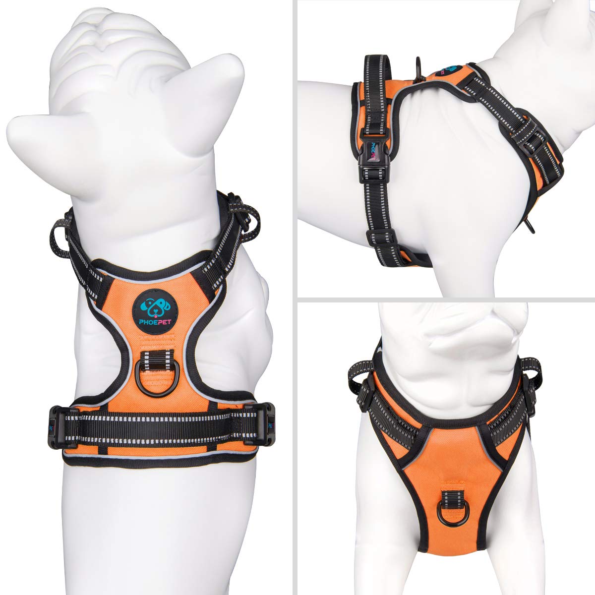 PHOEPET Reflective Dog Harness No Pull, XL Orange, Durable Oxford, Model D1015, 2 Metal Leash Attachments