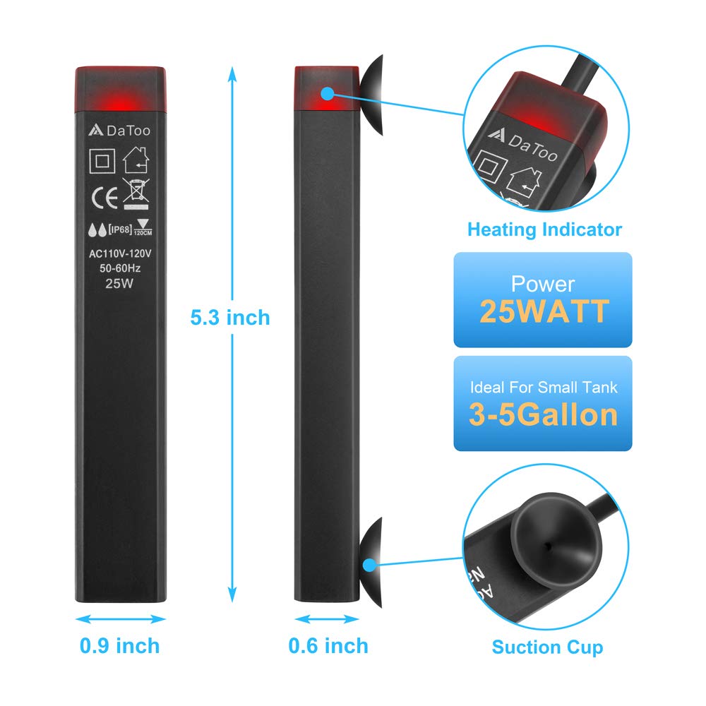 Datoo 25W Mini Aquarium Heater Betta Small Fish Tank Heater Submersible 3 To 5 Gallon, 1 Yr Warranty