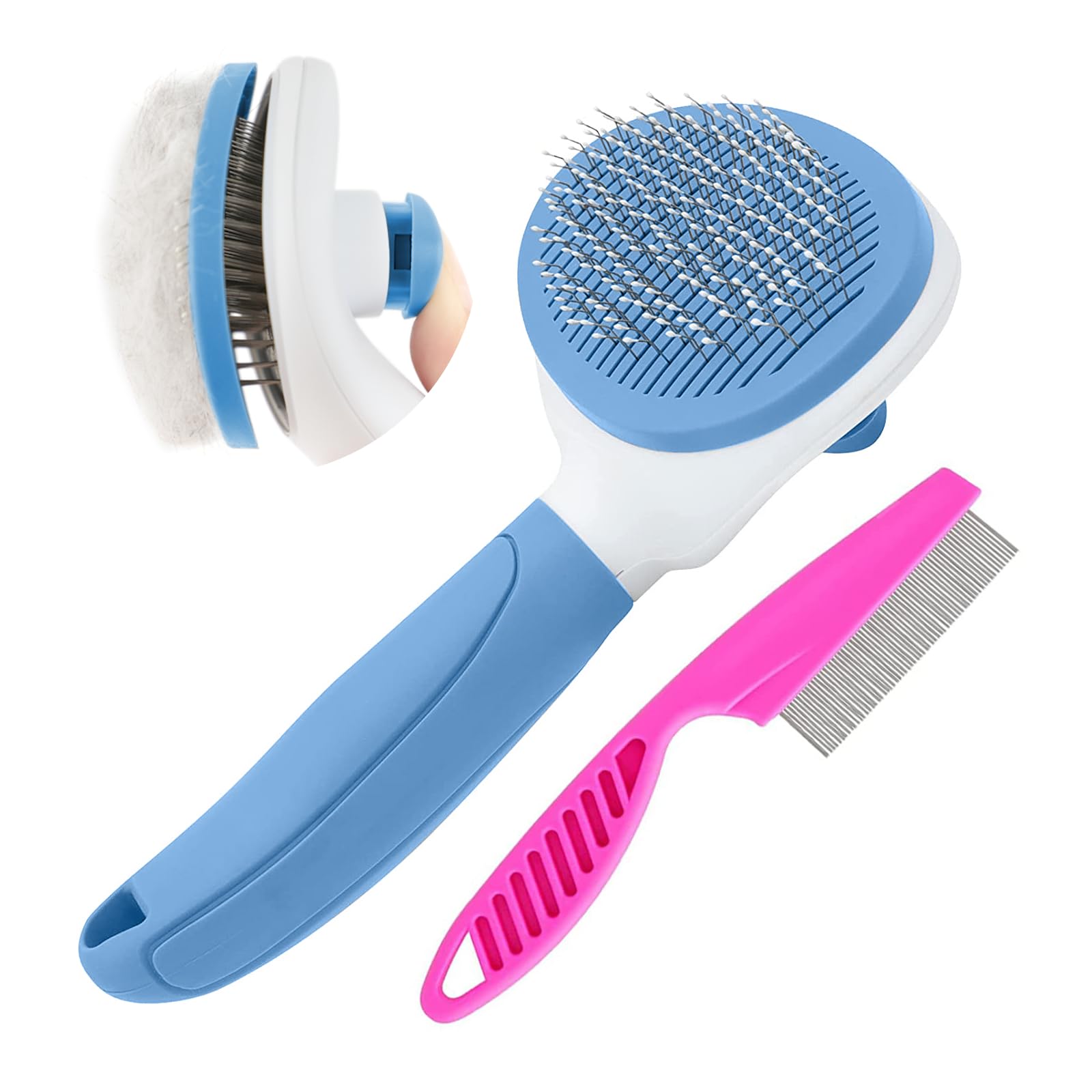 Cat Brush For Shedding And Grooming, Pet Self Cleaning Slicker Brush With Cat Hair Comb By Kalamanda (Blue)