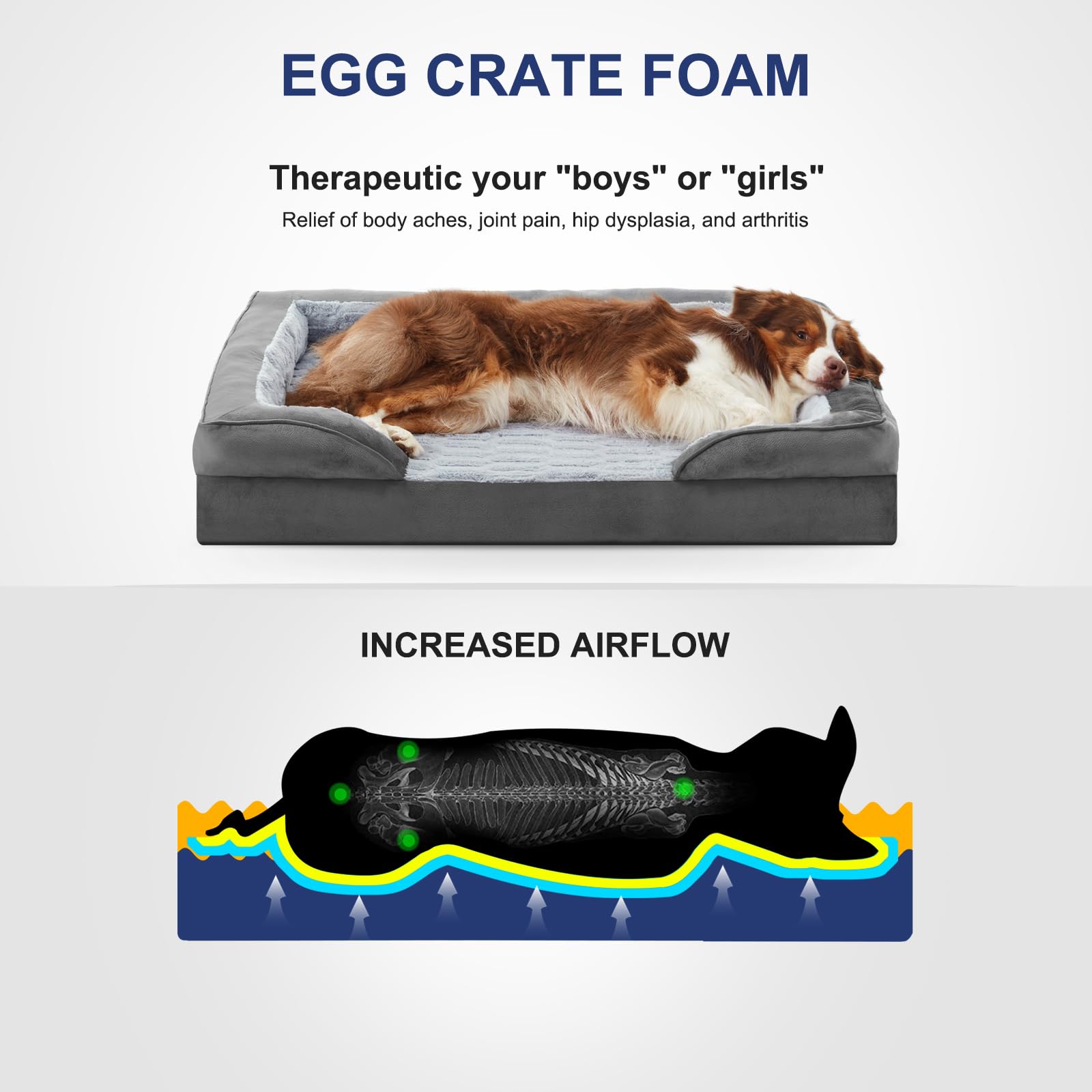 FURTIME Large Orthopedic Dog Bed, Grey XL Washable Egg-Crate Foam Couch, 42"x32"x6.5", Waterproof with Nonskid Bottom