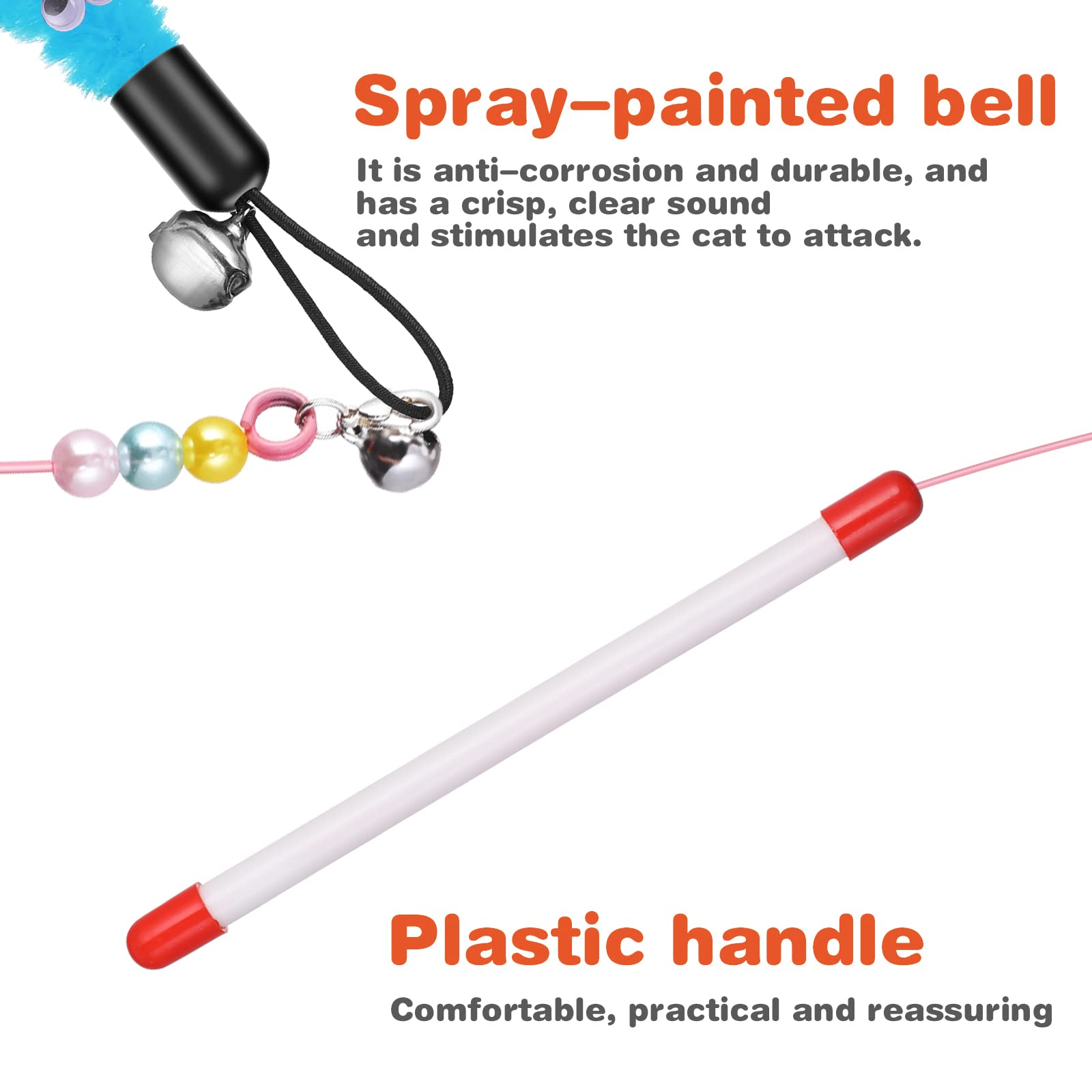 Cobee Cat Toys Wand Replacement, 6Pcs Furry Tail Worms With Bells + Cat Fishing Pole Toy, Cat Wand Toy Replacement Refills, Assorted Teaser Refills With Bell For Cat Kitten