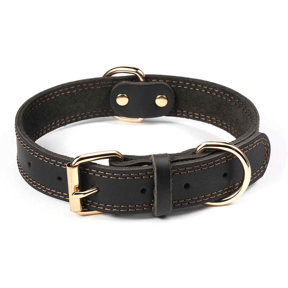 Daihaqiko Dog Collar, Genuine Leather Dog Collar, Heavy Duty Dog Collar, Wide Dog Collar For Small Dog, Medium Dog, Large Dog And Extra Large Dog (M: 1' Wide For 15.2'-19.2' Neck, Dual Stitch - Black)
