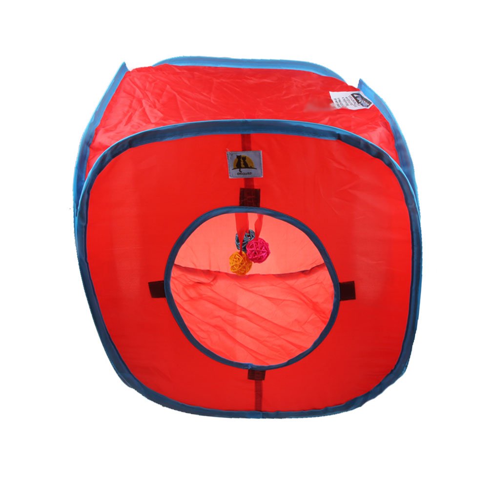 Emours Cat Play Cube Collapsible Tunnel Cat House Toys,With 4 Balls, Red
