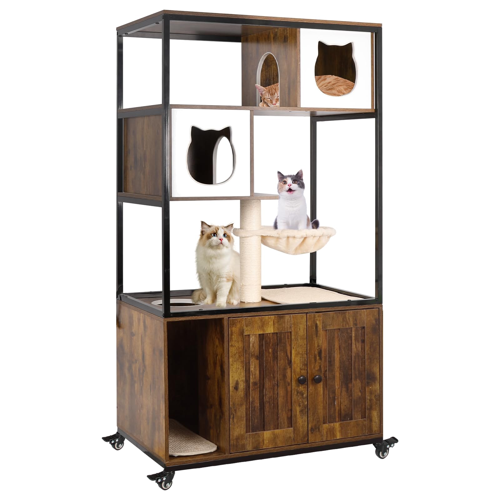 Cat Litter Box Enclosure Furniture With Caster, 45.5'' Tall Wooden Cat Tree House And Hidden Tower Storage Cabinet Combo, Indoor