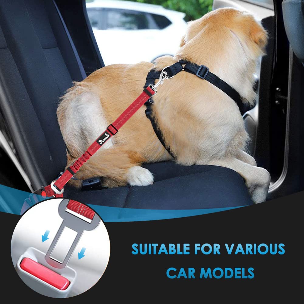 Slowton Dog Seat Belt Car, 2 Pack Dog Car Harness Seatbelt Adjustable With Elastic Bungee Buffer, 2 In 1 Pet Car Leash Headrest Restraint Safety Tether Reflective No Twist (Red-Dual Use)