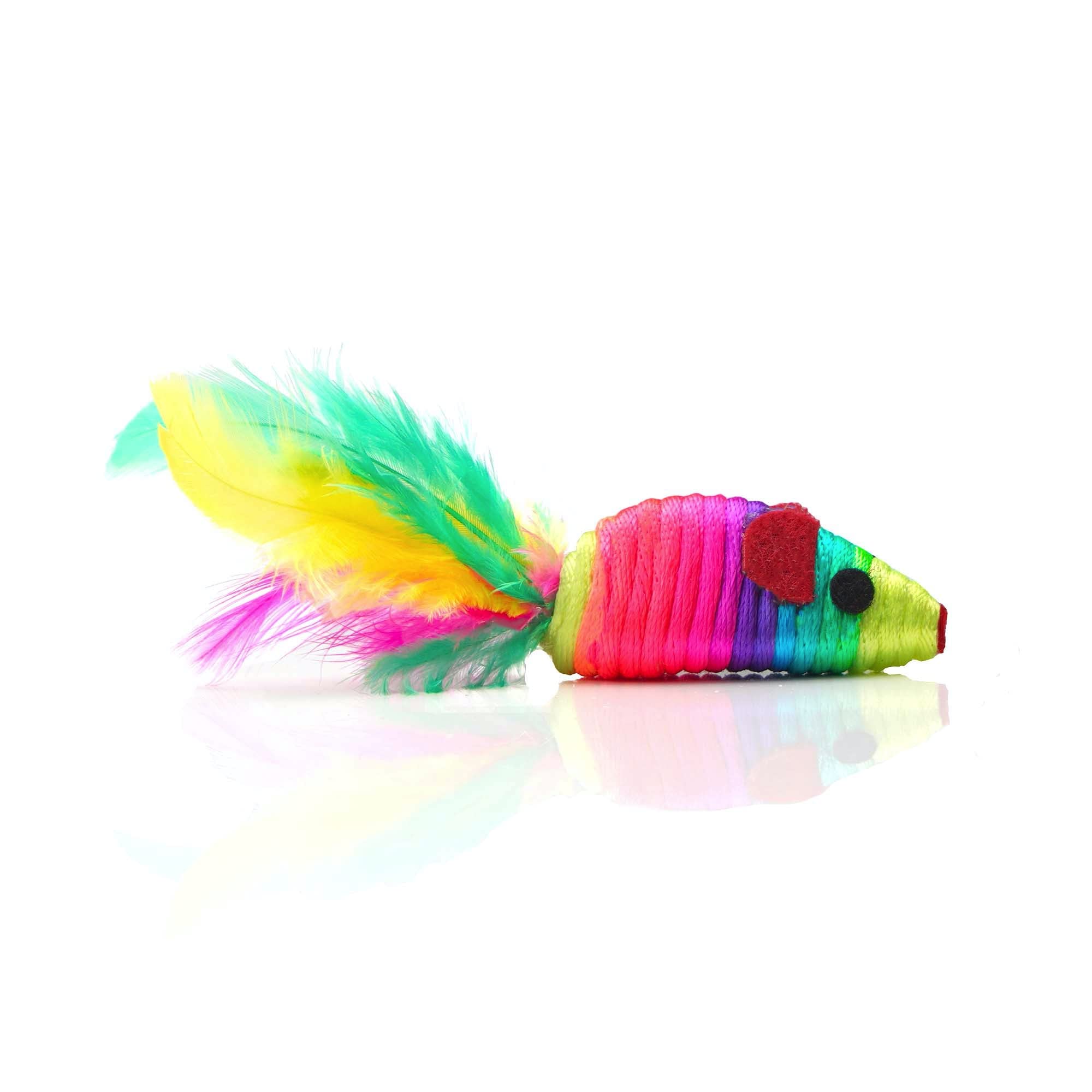 Chiwava 24Pcs 5'' Rattle Cat Toys Mice With Feathers Rainbow Rope Mouse Kitten Interactive Toy Assorted Color
