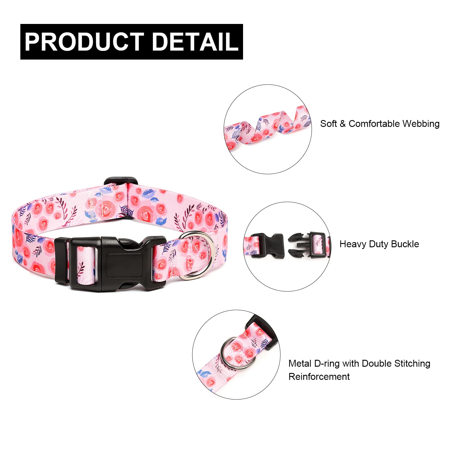 Mercano Adjustable Dog Collar - Special Design Patterns, Soft Nylon Comfortable Durable Pet Collar For Small Medium Large Dogs (L, Rose)