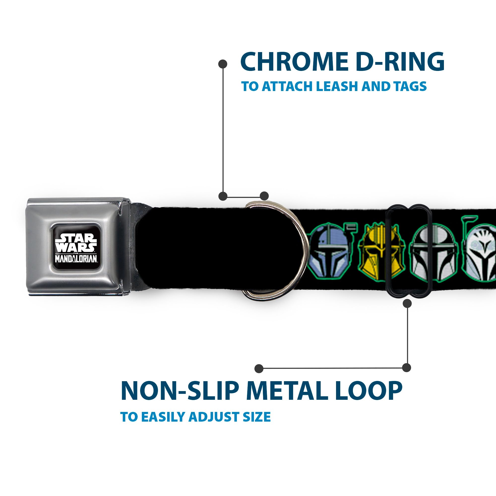 Star Wars Easy Adjustable Metal Seatbelt Buckle Quick Release Dog Collar, The Mandalorian Helmets, 20 To 31 Inches 1.5 Inch Wide