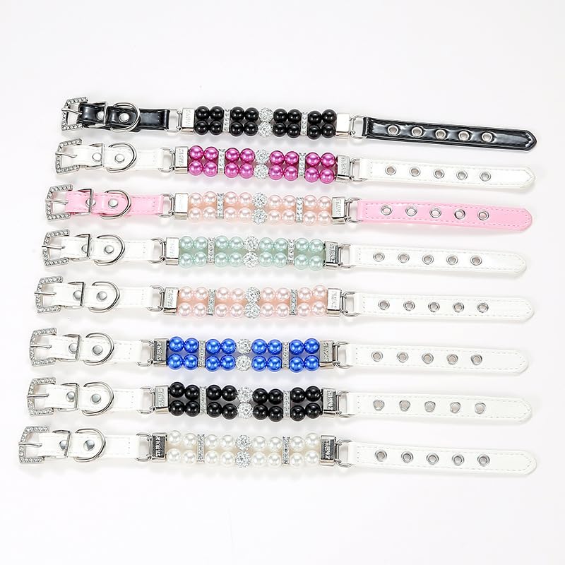 Pink Pearl Xs Dog Collars, Pearl Cat Collar, Pu Leather Female Dogs Necklace With Crystal Diamond Rhinestone Jewlled For Kitten