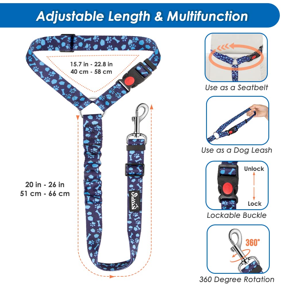 Lukovee Dog Seatbelt Leash For Cars, 2 Pack Pet Safety Car Seat Belt With Adjustable Buckle & Reflective Bungee, Connect Dog Harness In Vehicle Car Dogs Restraint Travel Daily Use (Blue Paw)